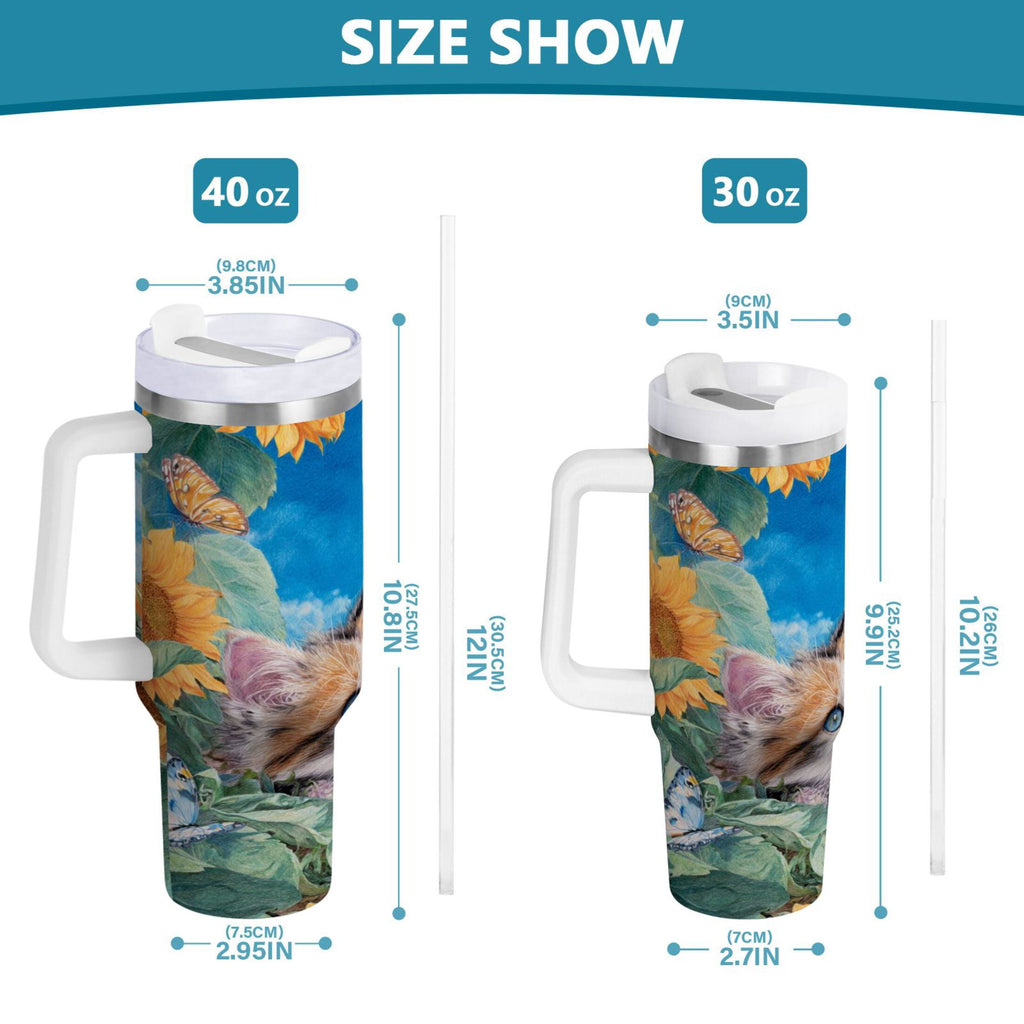 40 oz Insulated Stainless Steel Tumbler Double Wall Stainless Steel Tumbler with 2-Way Drinking Playful Cat Lying Sunflowers Edition-BO3C
