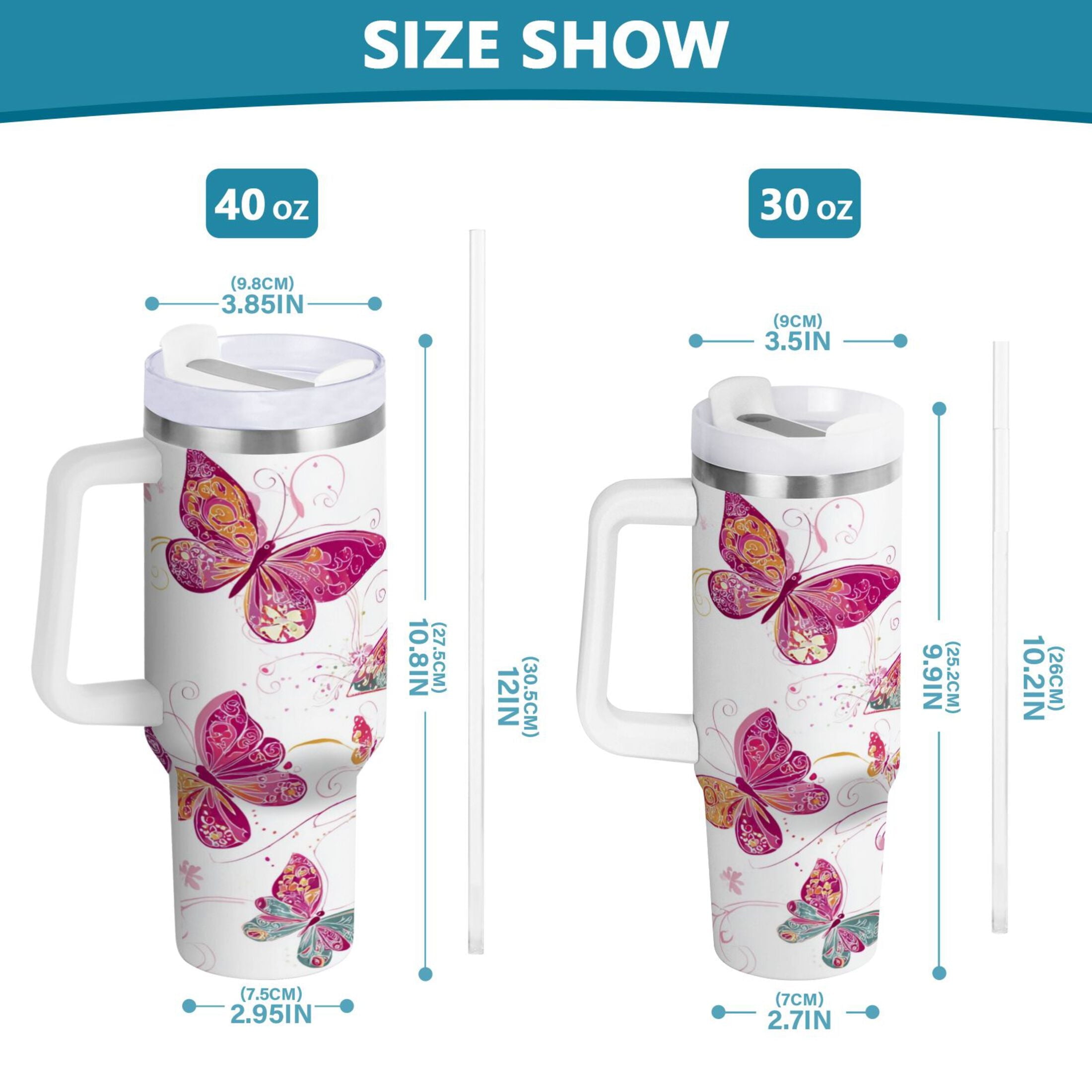 30 oz Insulated Stainless Steel Tumbler Double Wall Stainless Steel Tumbler with 2-Way Drinking Colorful Butterflies Edition-JJJ8