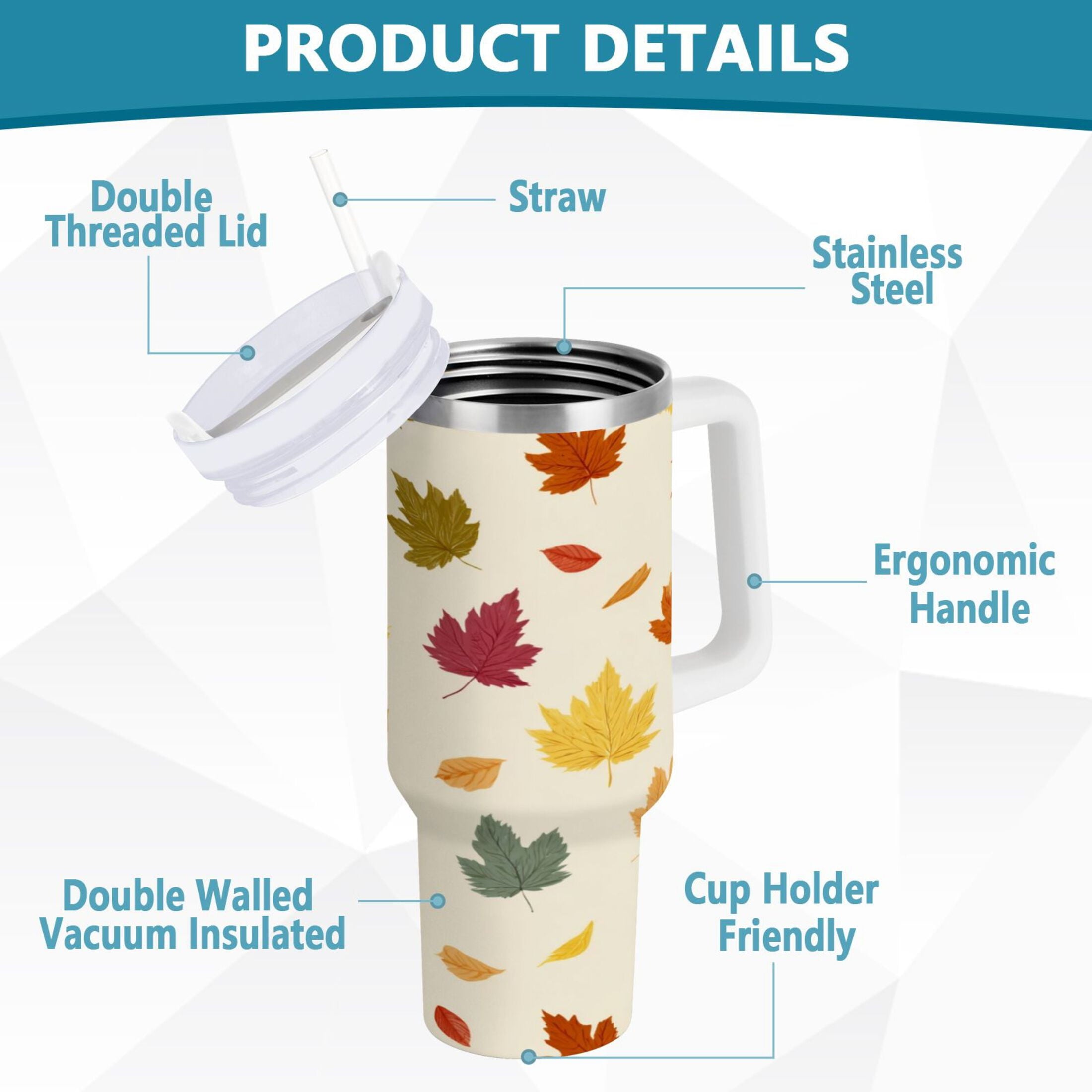 40 oz Insulated Stainless Steel Tumbler Double Wall Stainless Steel Tumbler with 2-Way Drinking Colorful Autumn Leaves Pattern Edition-Q327