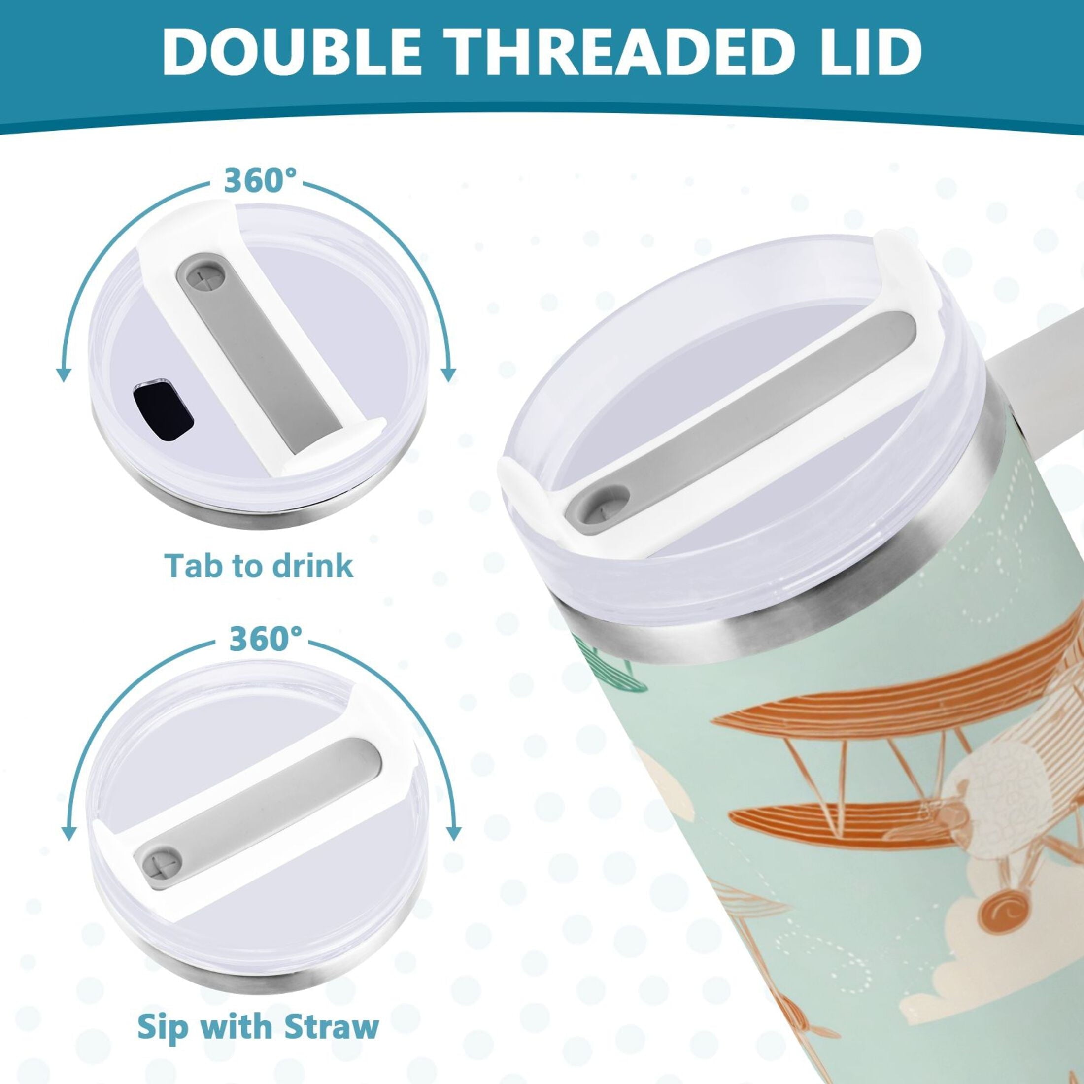 40 oz Insulated Stainless Steel Tumbler Double Wall Stainless Steel Tumbler with 2-Way Drinking Cute Airplanes Edition-8ZBZ