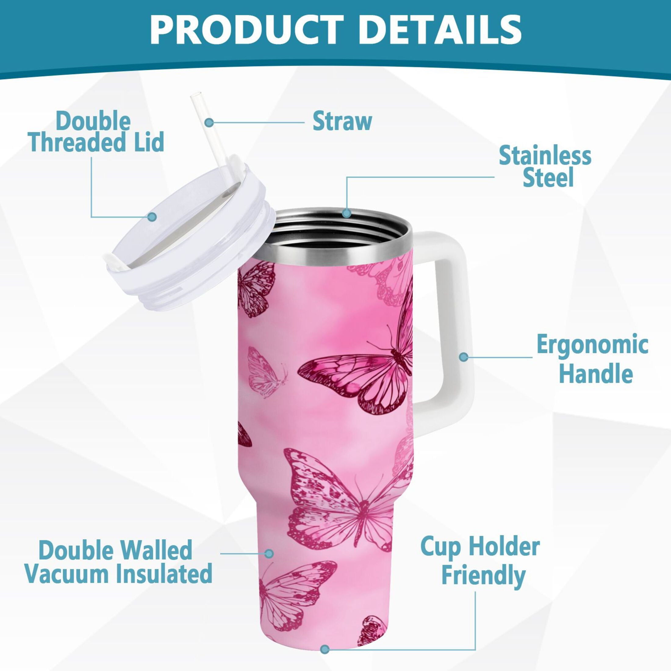 40 oz Insulated Stainless Steel Tumbler Double Wall Stainless Steel Tumbler with 2-Way Drinking Pink Butterfly Pattern Edition-BXAN