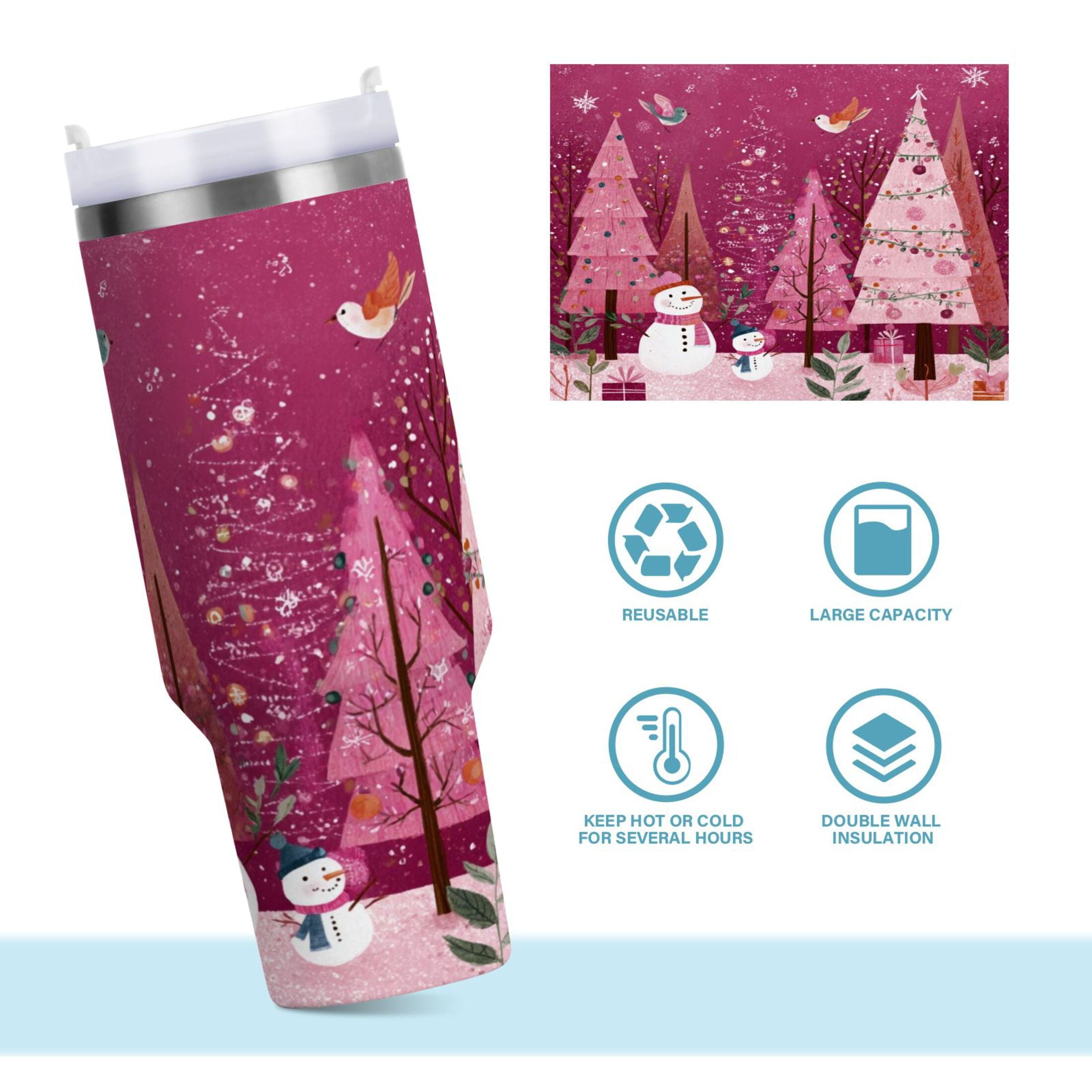 40 oz Insulated Stainless Steel Tumbler Double Wall Stainless Steel Tumbler with 2-Way Drinking Pink Christmas Forest Edition-82N0