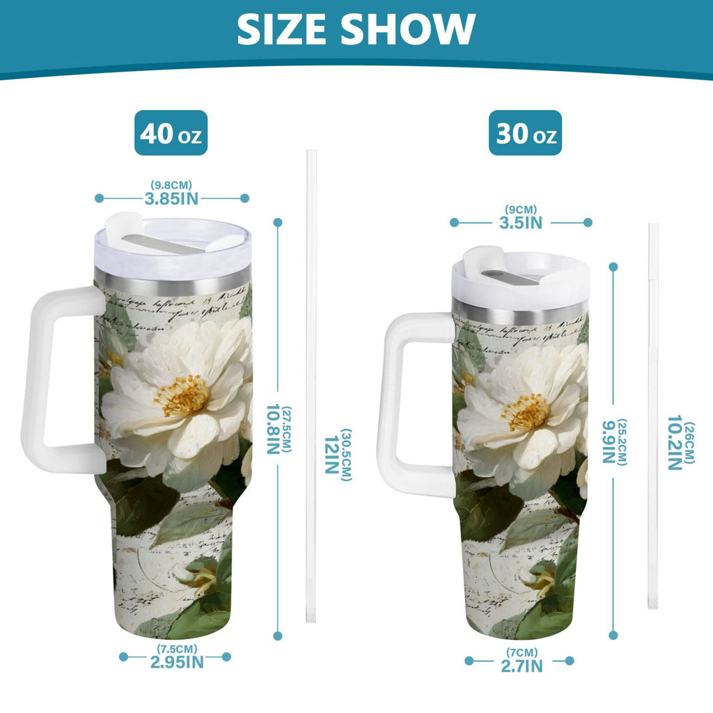 40 oz Insulated Stainless Steel Tumbler Double Wall Stainless Steel Tumbler with 2-Way Drinking Vintage White Camellias Edition-GF37