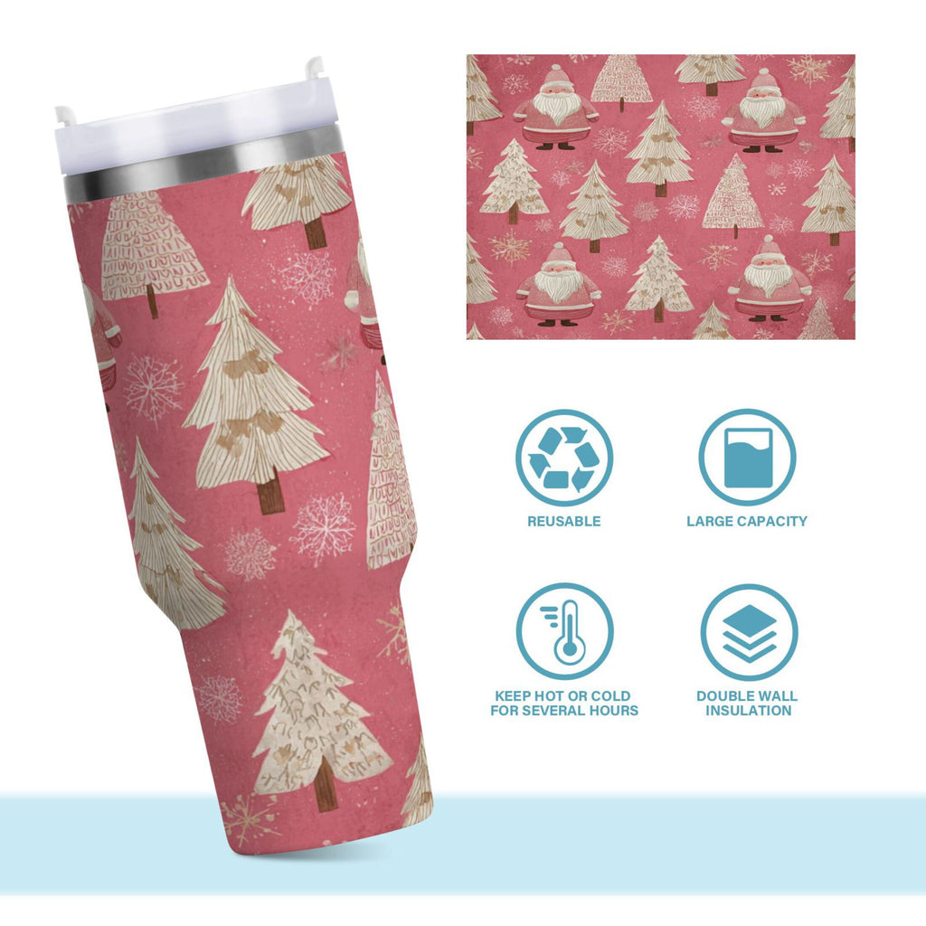 40 oz Insulated Stainless Steel Tumbler Double Wall Stainless Steel Tumbler with 2-Way Drinking Pink Santa Claus Pattern Edition-DOSW