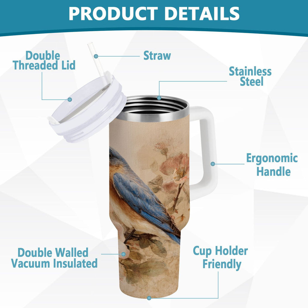 40 oz Insulated Stainless Steel Tumbler Double Wall Stainless Steel Tumbler with 2-Way Drinking Bluebird and Ancient Flowers Edition-0Z50