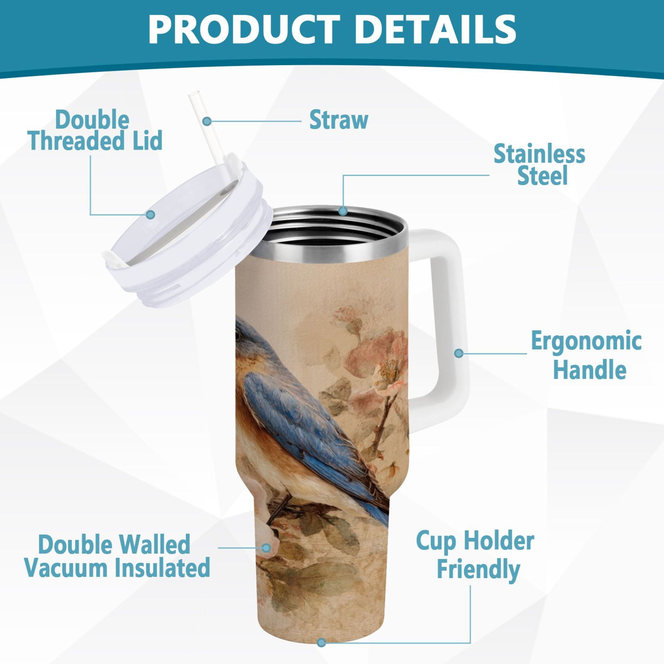 40 oz Insulated Stainless Steel Tumbler Double Wall Stainless Steel Tumbler with 2-Way Drinking Bluebird and Ancient Flowers Edition-0Z50