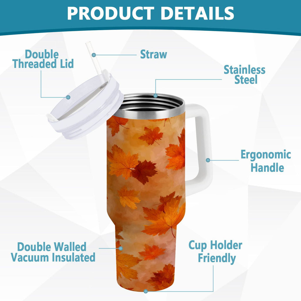 40 oz Insulated Stainless Steel Tumbler Double Wall Stainless Steel Tumbler with 2-Way Drinking Orange and Brown Autumn Leaves Edition-RQ6B