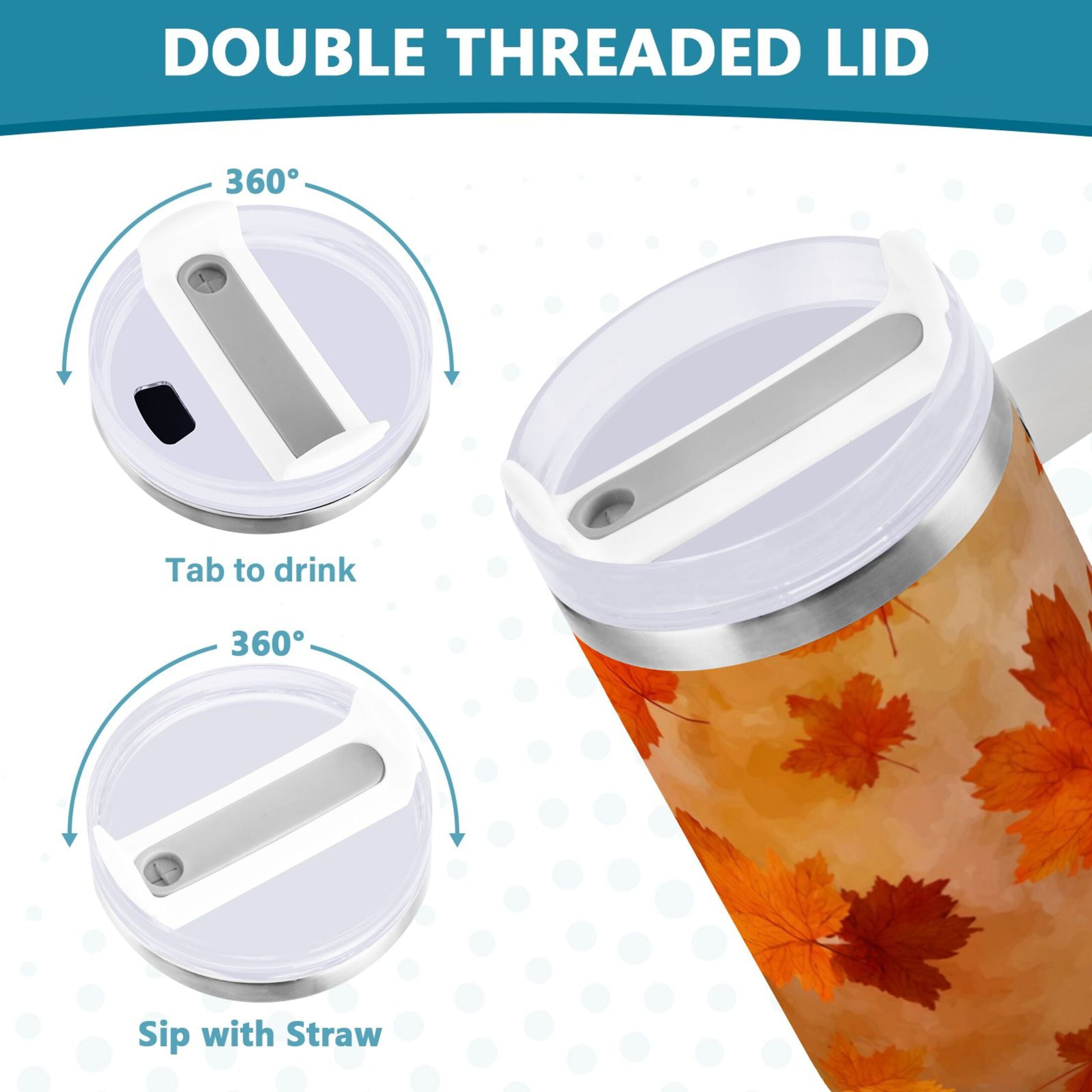40 oz Insulated Stainless Steel Tumbler Double Wall Stainless Steel Tumbler with 2-Way Drinking Orange and Brown Autumn Leaves Edition-RQ6B