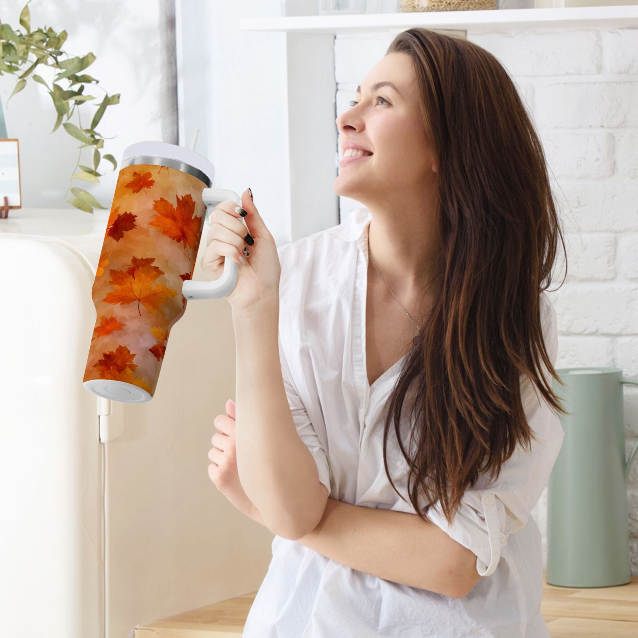 40 oz Insulated Stainless Steel Tumbler Double Wall Stainless Steel Tumbler with 2-Way Drinking Orange and Brown Autumn Leaves Edition-RQ6B