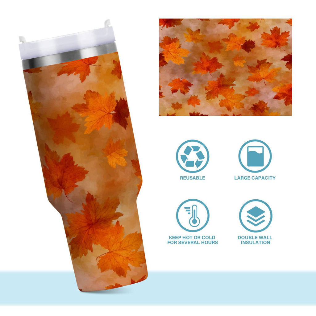 40 oz Insulated Stainless Steel Tumbler Double Wall Stainless Steel Tumbler with 2-Way Drinking Orange and Brown Autumn Leaves Edition-RQ6B