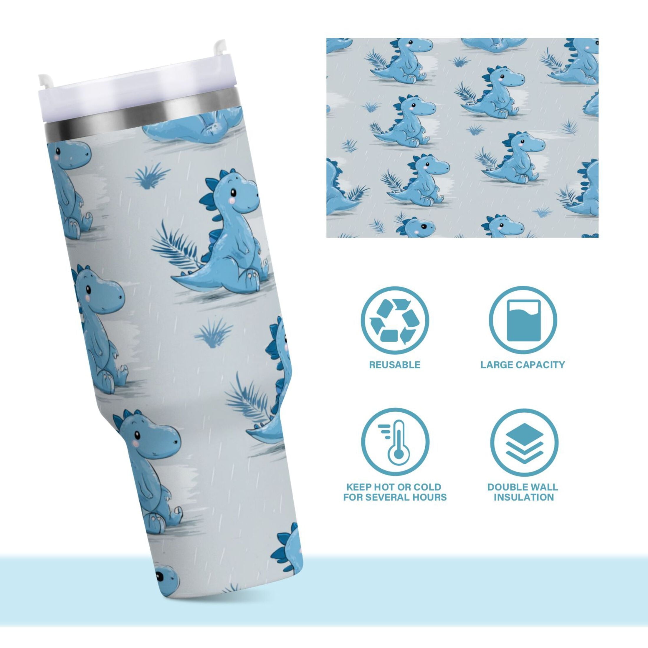 30 oz Insulated Stainless Steel Tumbler Double Wall Stainless Steel Tumbler with 2-Way Drinking Cartoon Blue Dinosaurs Edition-MCV3