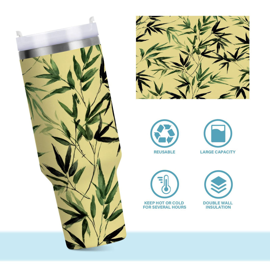 30 oz Insulated Stainless Steel Tumbler Double Wall Stainless Steel Tumbler with 2-Way Drinking Bamboo and Green Leaves Edition-OTZT