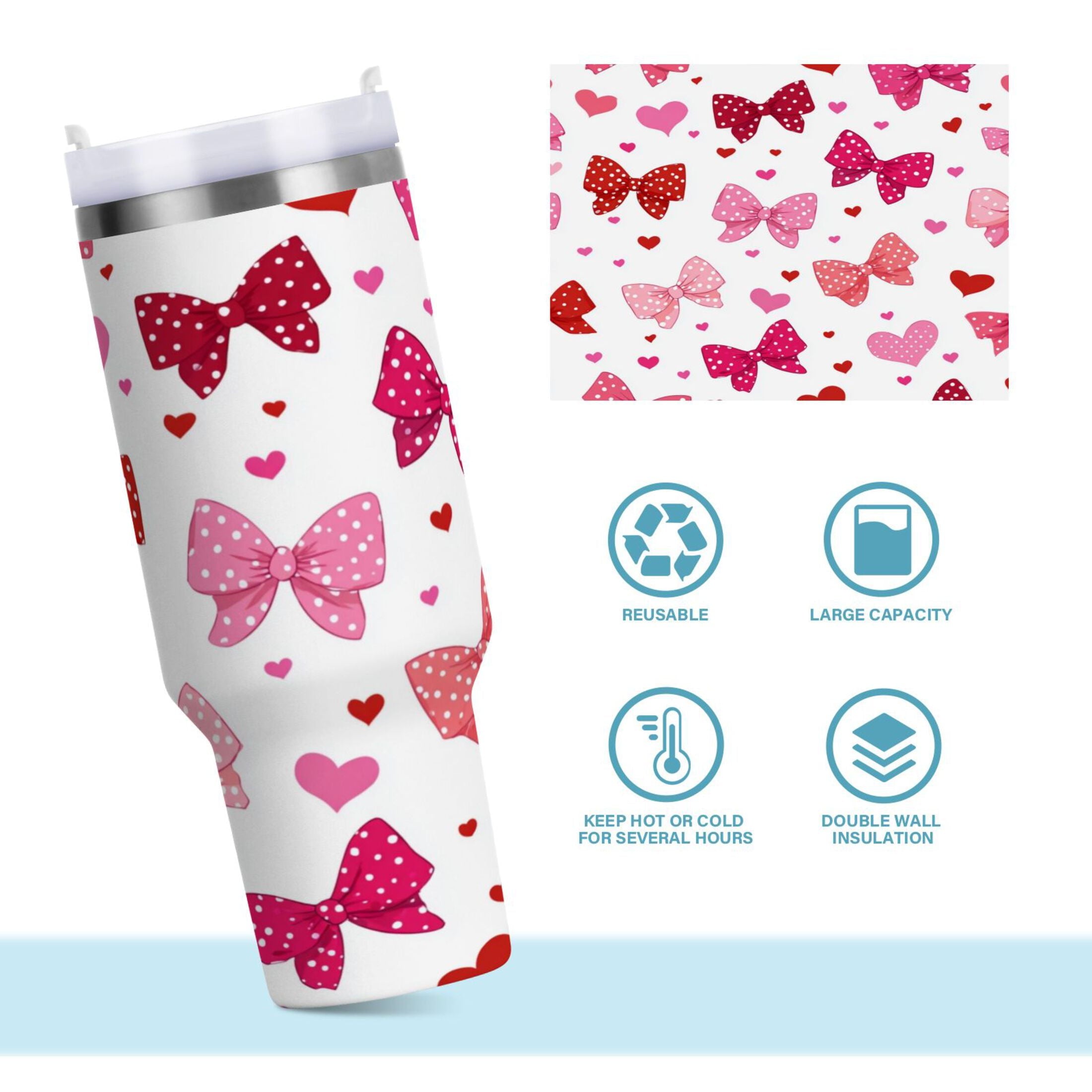 30 oz Insulated Stainless Steel Tumbler Double Wall Stainless Steel Tumbler with 2-Way Drinking Red and Pink Bows Edition-W6M4