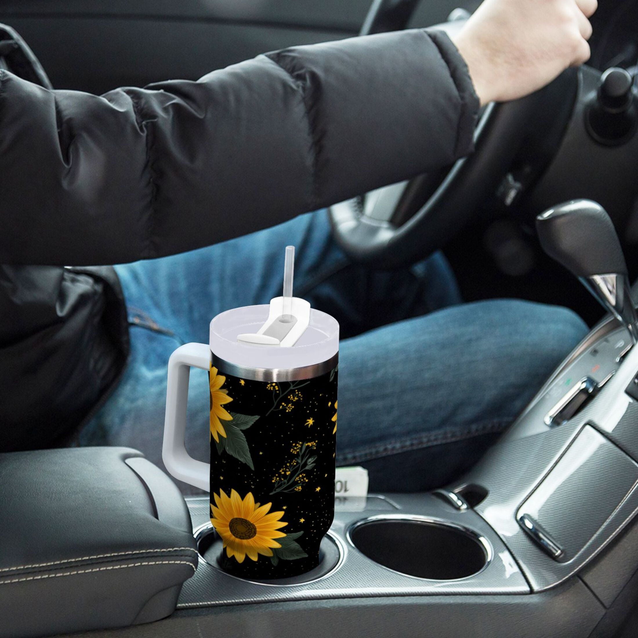 30 oz Insulated Stainless Steel Tumbler Double Wall Stainless Steel Tumbler with 2-Way Drinking Yellow Sunflower Pattern Edition-7NHV