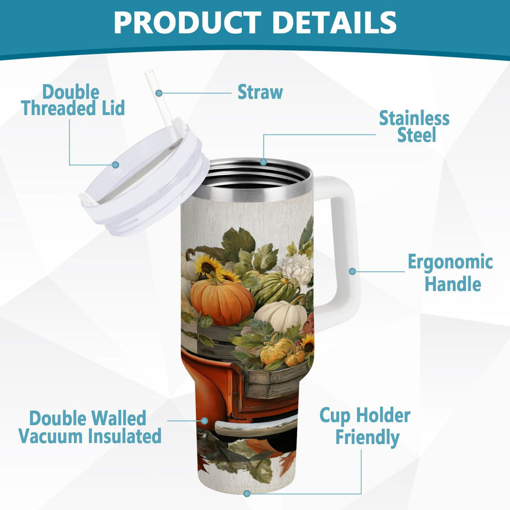 40 oz Insulated Stainless Steel Tumbler Double Wall Stainless Steel Tumbler with 2-Way Drinking Truck Full Of Pumpkins Edition-XDON
