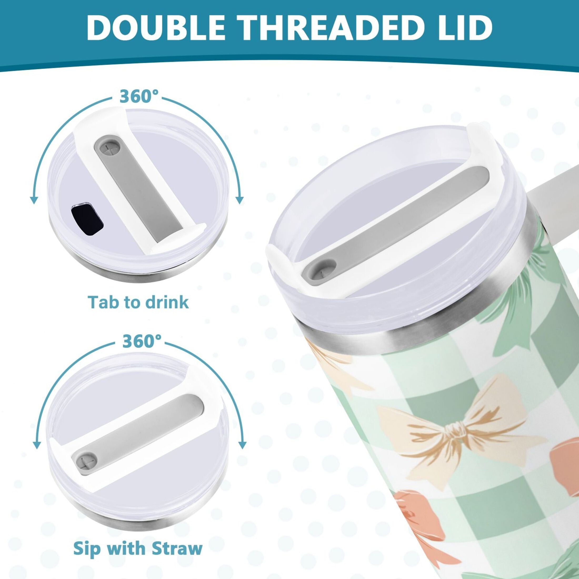 40 oz Insulated Stainless Steel Tumbler Double Wall Stainless Steel Tumbler with 2-Way Drinking Green and Peach Bow Pattern Edition-U5S0