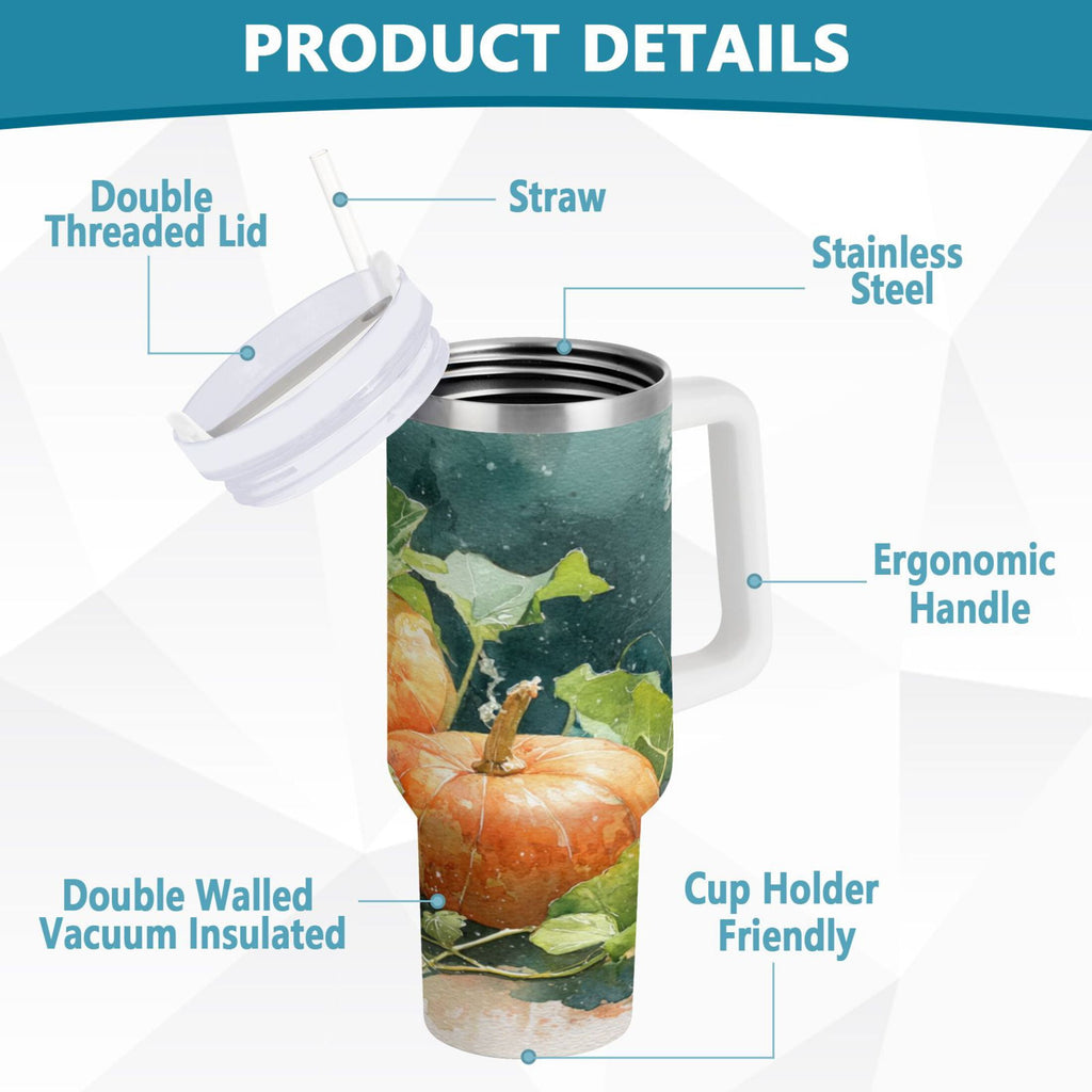 40 oz Insulated Stainless Steel Tumbler Double Wall Stainless Steel Tumbler with 2-Way Drinking Orange and White Pumpkins Edition-DL5E