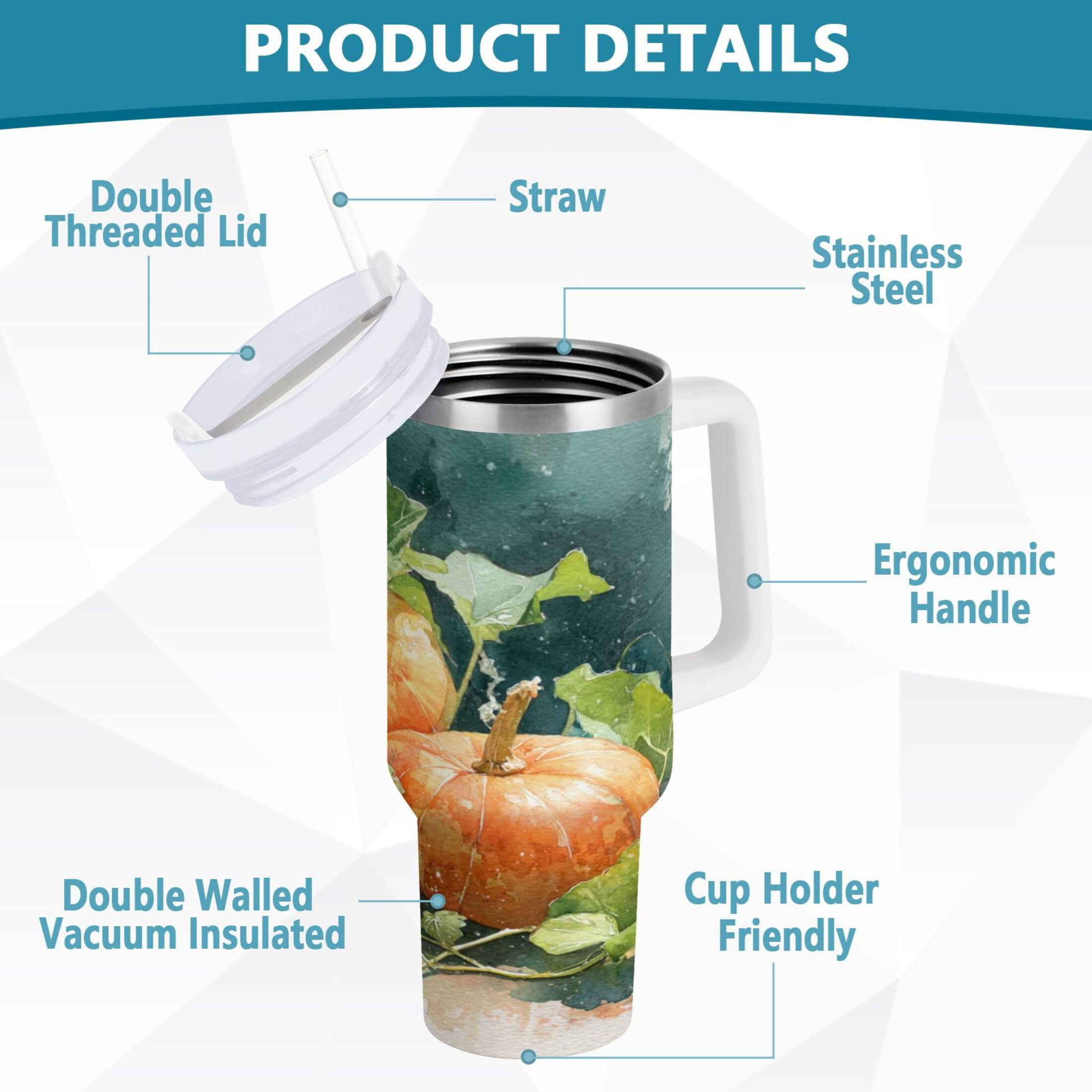 40 oz Insulated Stainless Steel Tumbler Double Wall Stainless Steel Tumbler with 2-Way Drinking Orange and White Pumpkins Edition-DL5E