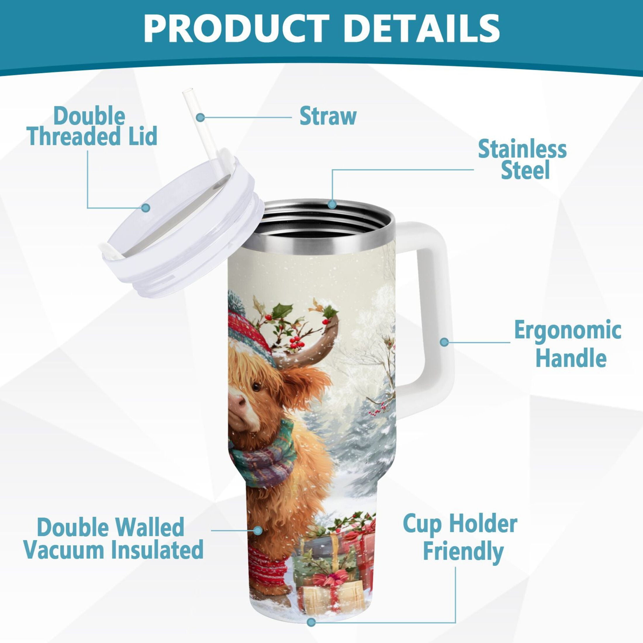 30 oz Insulated Stainless Steel Tumbler Double Wall Stainless Steel Tumbler with 2-Way Drinking Cow Wearing Christmas Hat Edition-6NDO