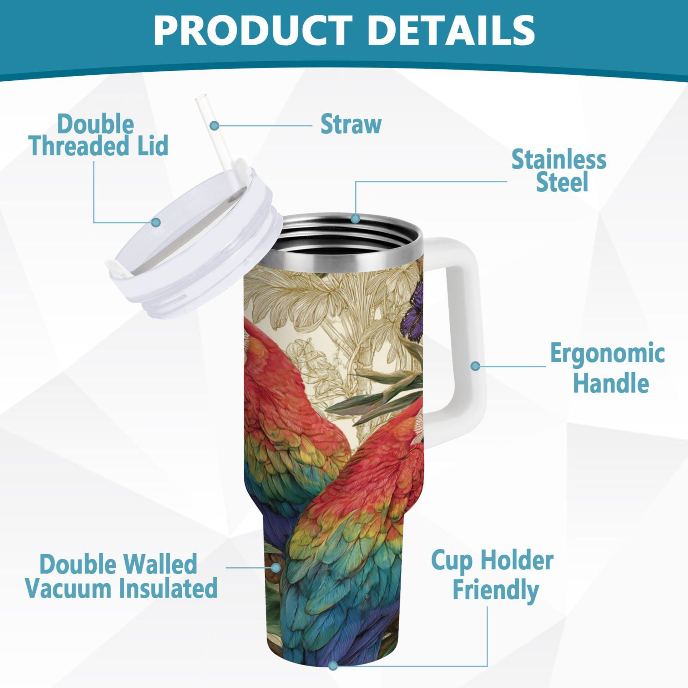 30 oz Insulated Stainless Steel Tumbler Double Wall Stainless Steel Tumbler with 2-Way Drinking Colorful Beautiful Parrots Edition-LSQ0