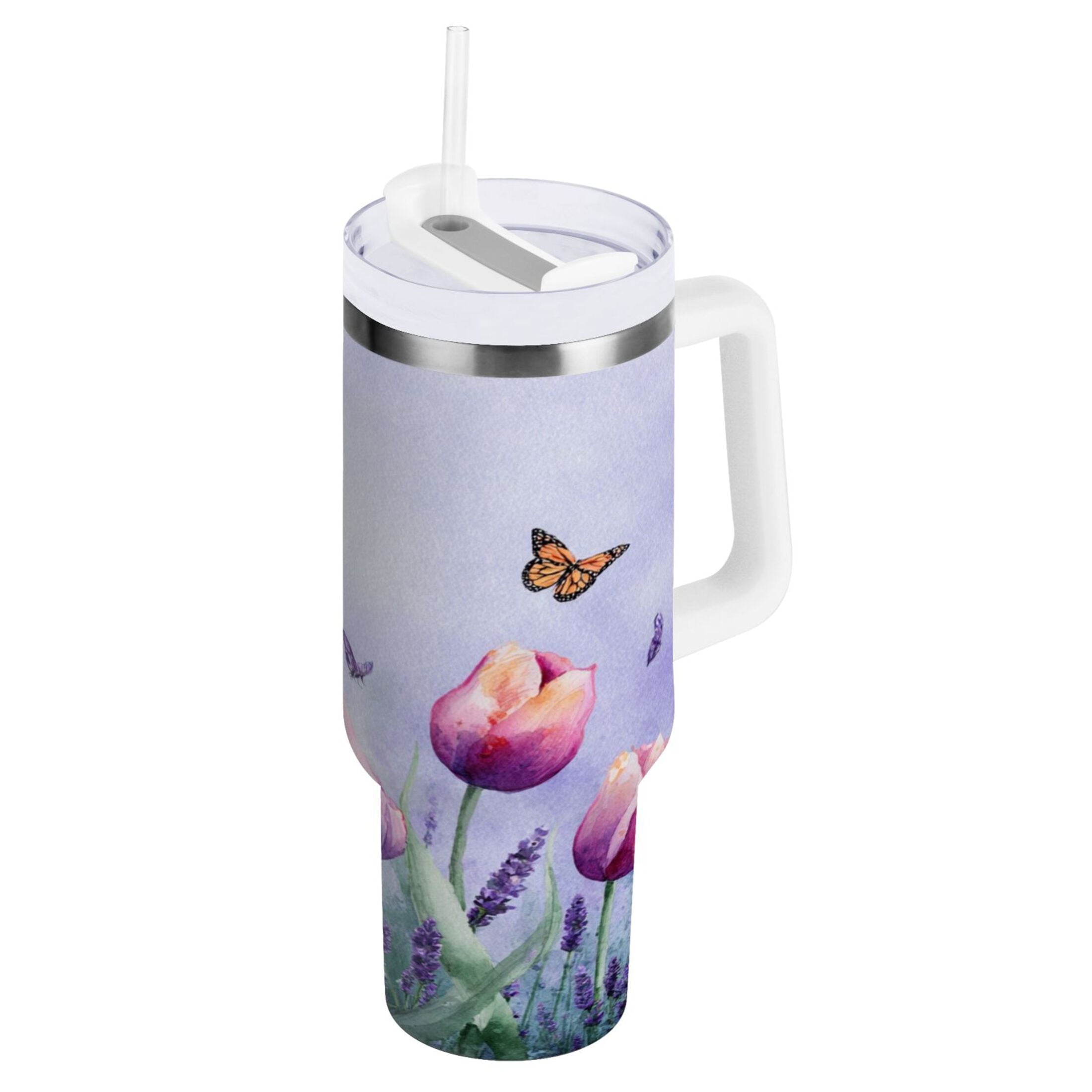 30 oz Insulated Stainless Steel Tumbler Double Wall Stainless Steel Tumbler with 2-Way Drinking Watercolor Tulips and Lavender Edition-6U5T