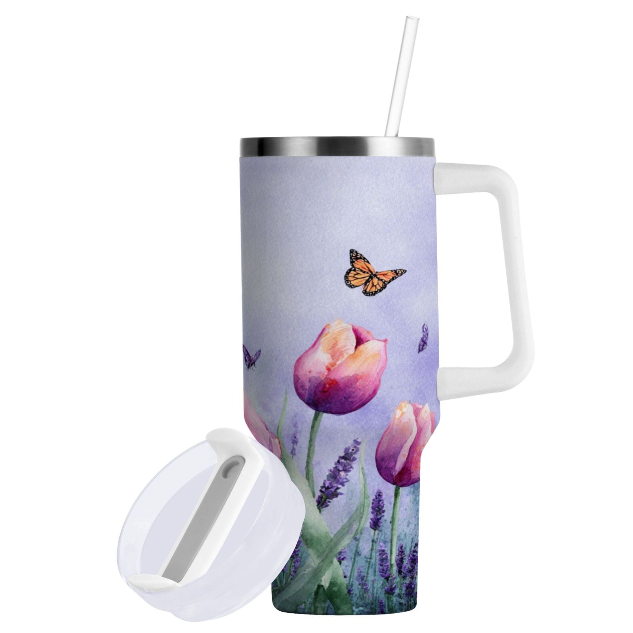 30 oz Insulated Stainless Steel Tumbler Double Wall Stainless Steel Tumbler with 2-Way Drinking Watercolor Tulips and Lavender Edition-6U5T
