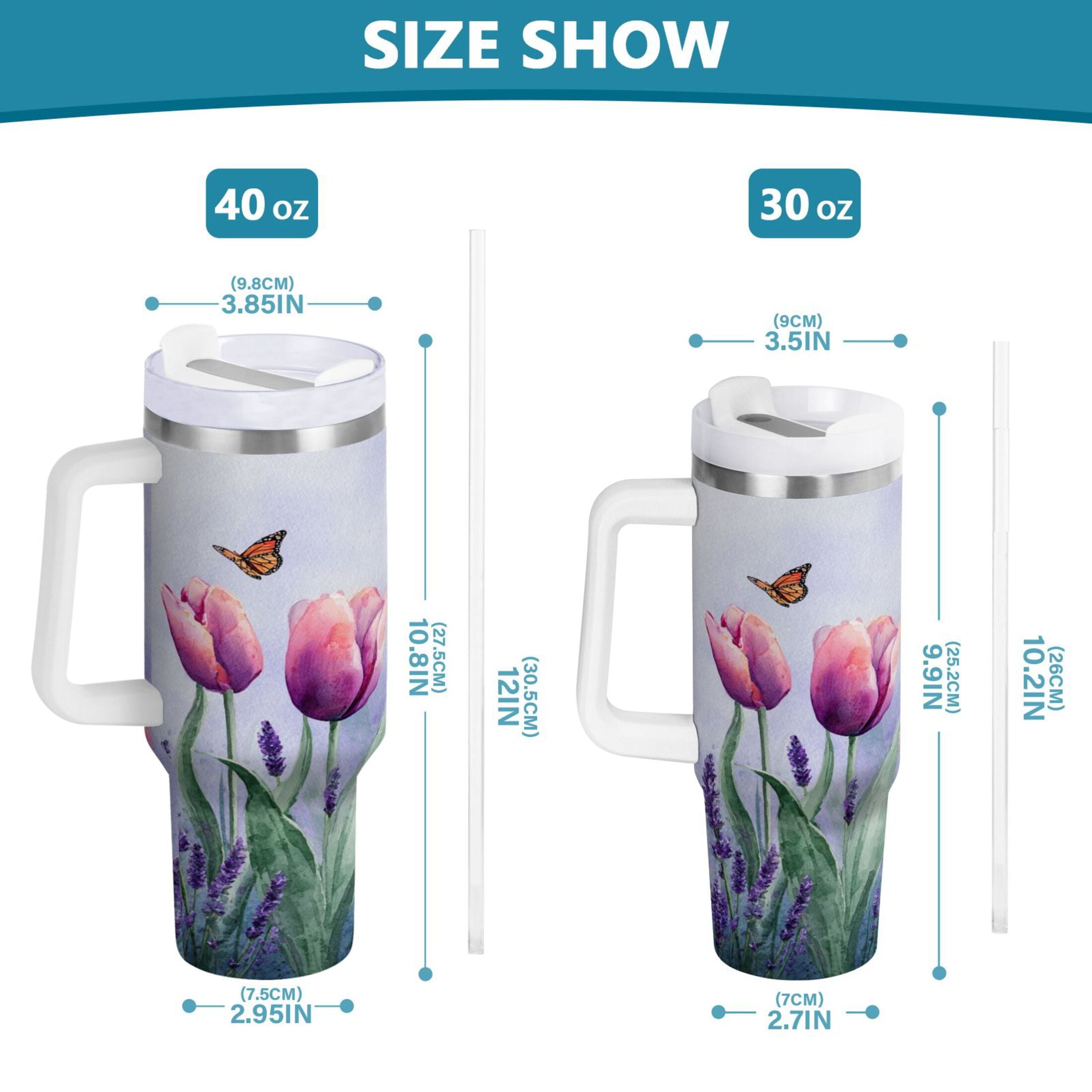 30 oz Insulated Stainless Steel Tumbler Double Wall Stainless Steel Tumbler with 2-Way Drinking Watercolor Tulips and Lavender Edition-6U5T