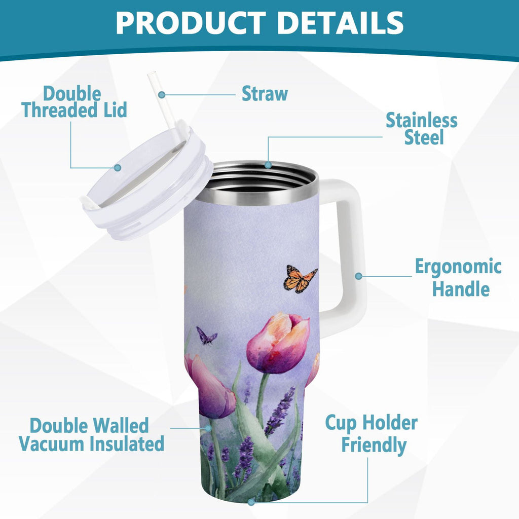 30 oz Insulated Stainless Steel Tumbler Double Wall Stainless Steel Tumbler with 2-Way Drinking Watercolor Tulips and Lavender Edition-6U5T