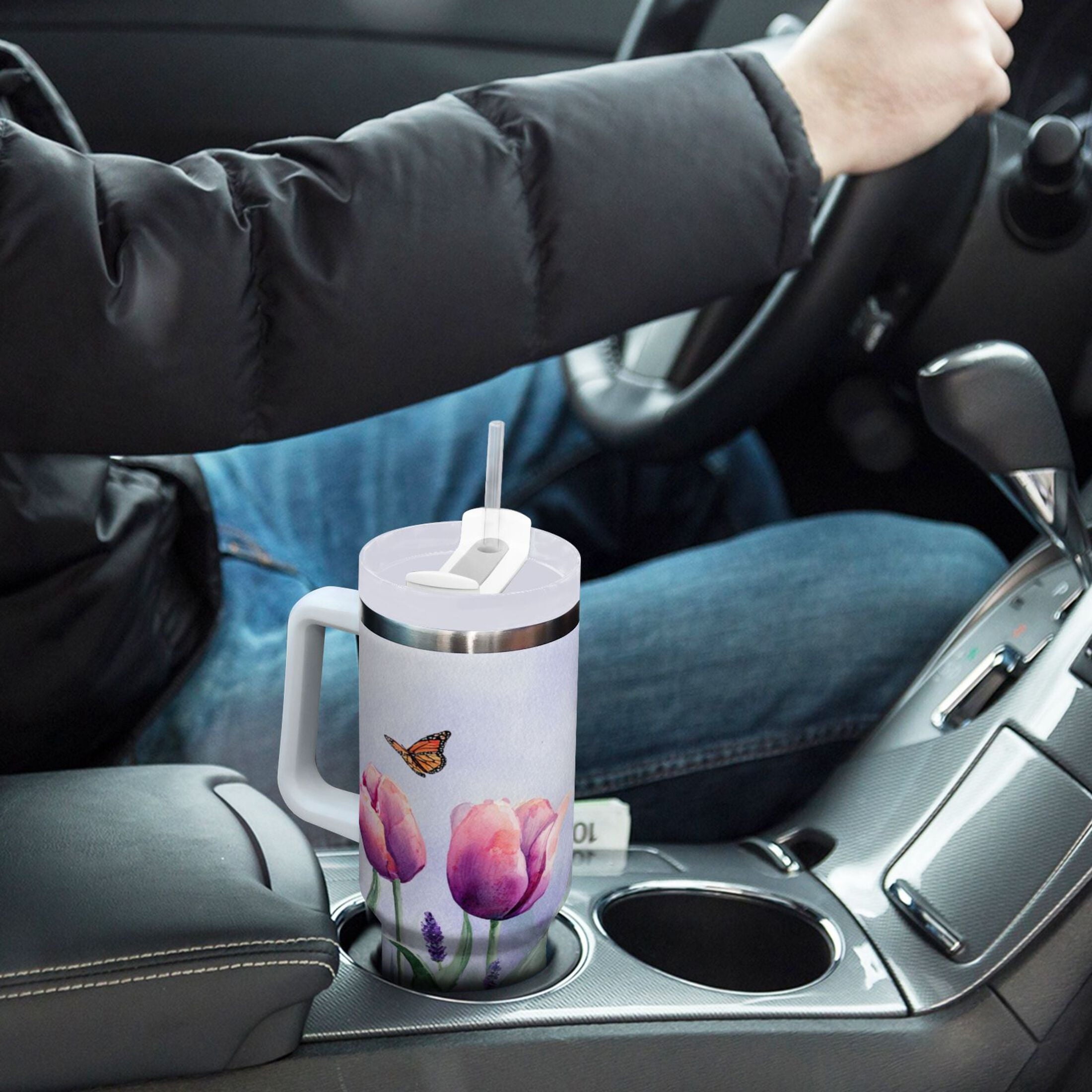 30 oz Insulated Stainless Steel Tumbler Double Wall Stainless Steel Tumbler with 2-Way Drinking Watercolor Tulips and Lavender Edition-6U5T