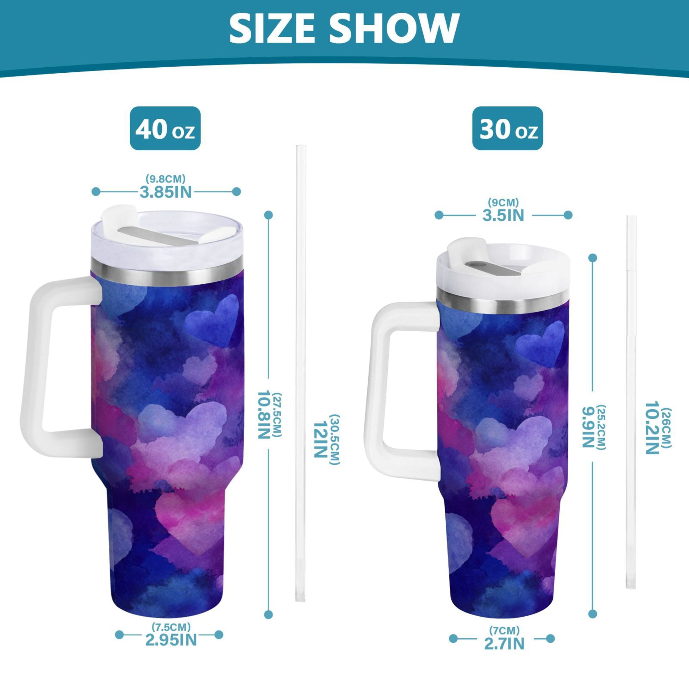 30 oz Insulated Stainless Steel Tumbler Double Wall Stainless Steel Tumbler with 2-Way Drinking Indigo and Violet Hearts Edition-2RAO