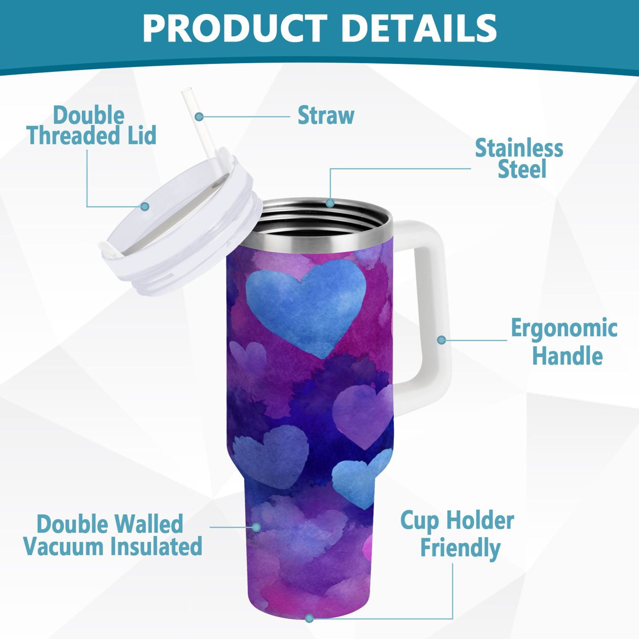 30 oz Insulated Stainless Steel Tumbler Double Wall Stainless Steel Tumbler with 2-Way Drinking Indigo and Violet Hearts Edition-2RAO
