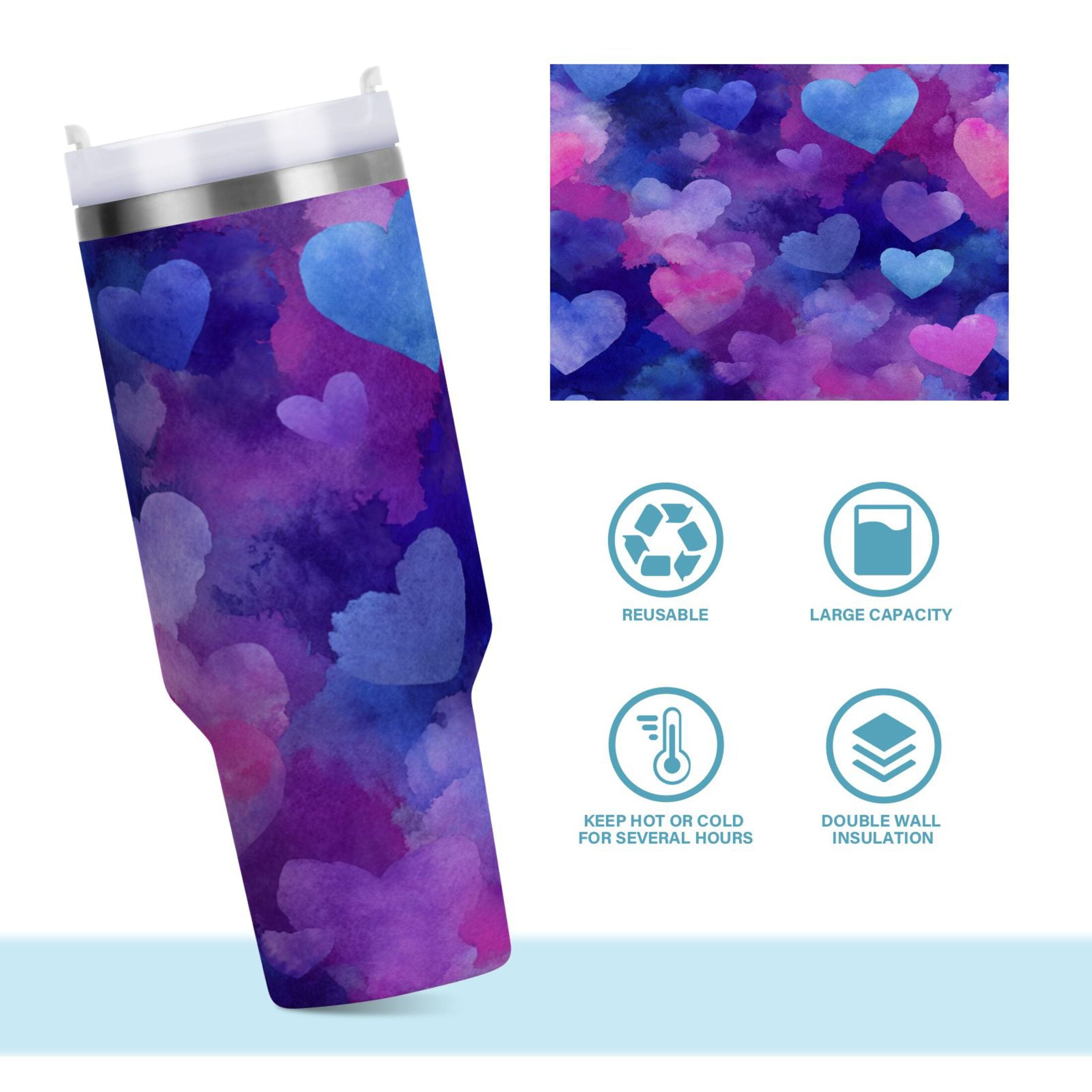 30 oz Insulated Stainless Steel Tumbler Double Wall Stainless Steel Tumbler with 2-Way Drinking Indigo and Violet Hearts Edition-2RAO