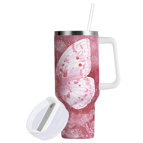 30 oz Insulated Stainless Steel Tumbler Double Wall Stainless Steel Tumbler with 2-Way Drinking Soft Pink Butterfly Edition-O9JJ