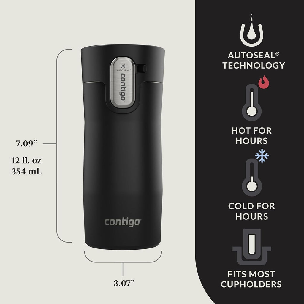 Contigo AUTOSEAL West Loop Vacuum-Insulated Stainless Steel Travel Mug with Easy-Clean Lid, 12oz, Matte Black Edition-W32Y