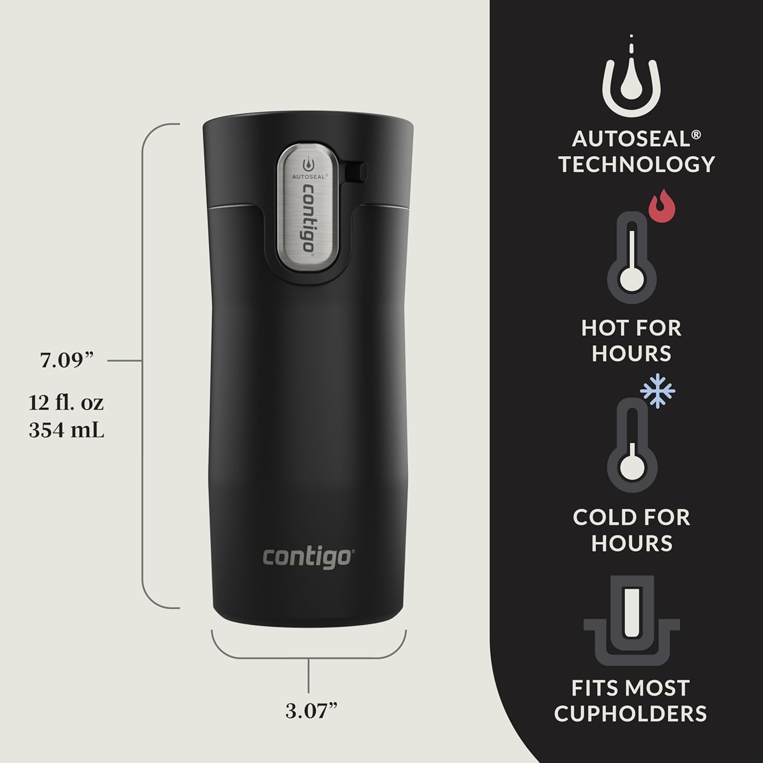 Contigo AUTOSEAL West Loop Vacuum-Insulated Stainless Steel Travel Mug with Easy-Clean Lid, 12oz, Matte Black Edition-W32Y