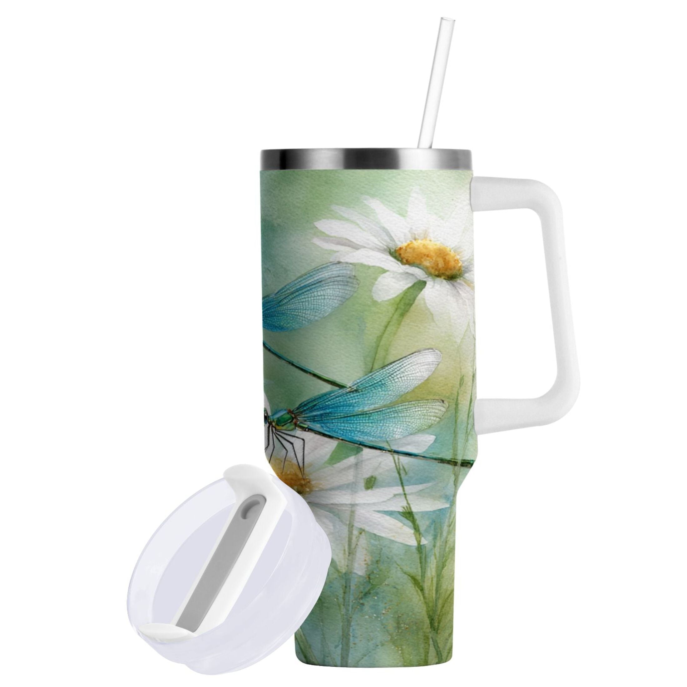 30 oz Insulated Stainless Steel Tumbler Double Wall Stainless Steel Tumbler with 2-Way Drinking Beautiful Dragonflies and Daisies Edition-LX77