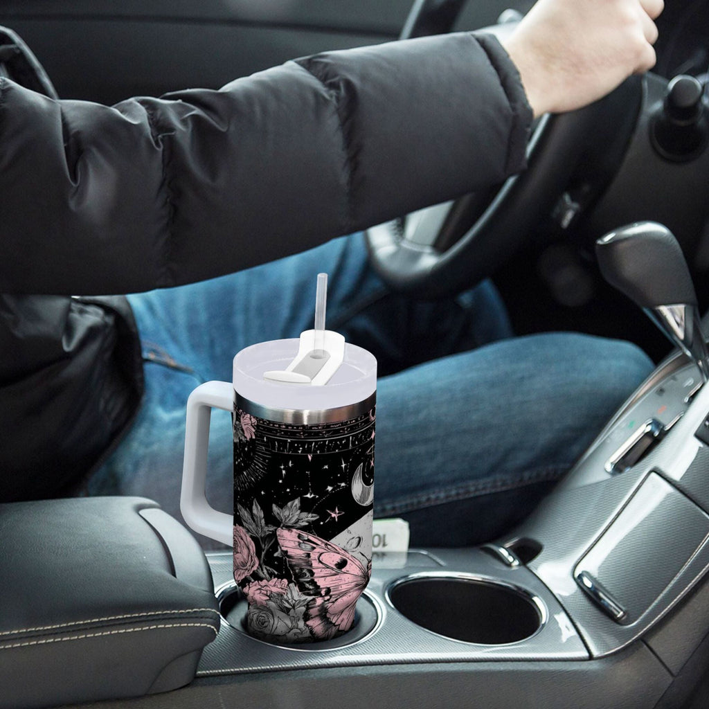 30 oz Insulated Stainless Steel Tumbler Double Wall Stainless Steel Tumbler with 2-Way Drinking Butterfly by Moon and Flowers Edition-D734
