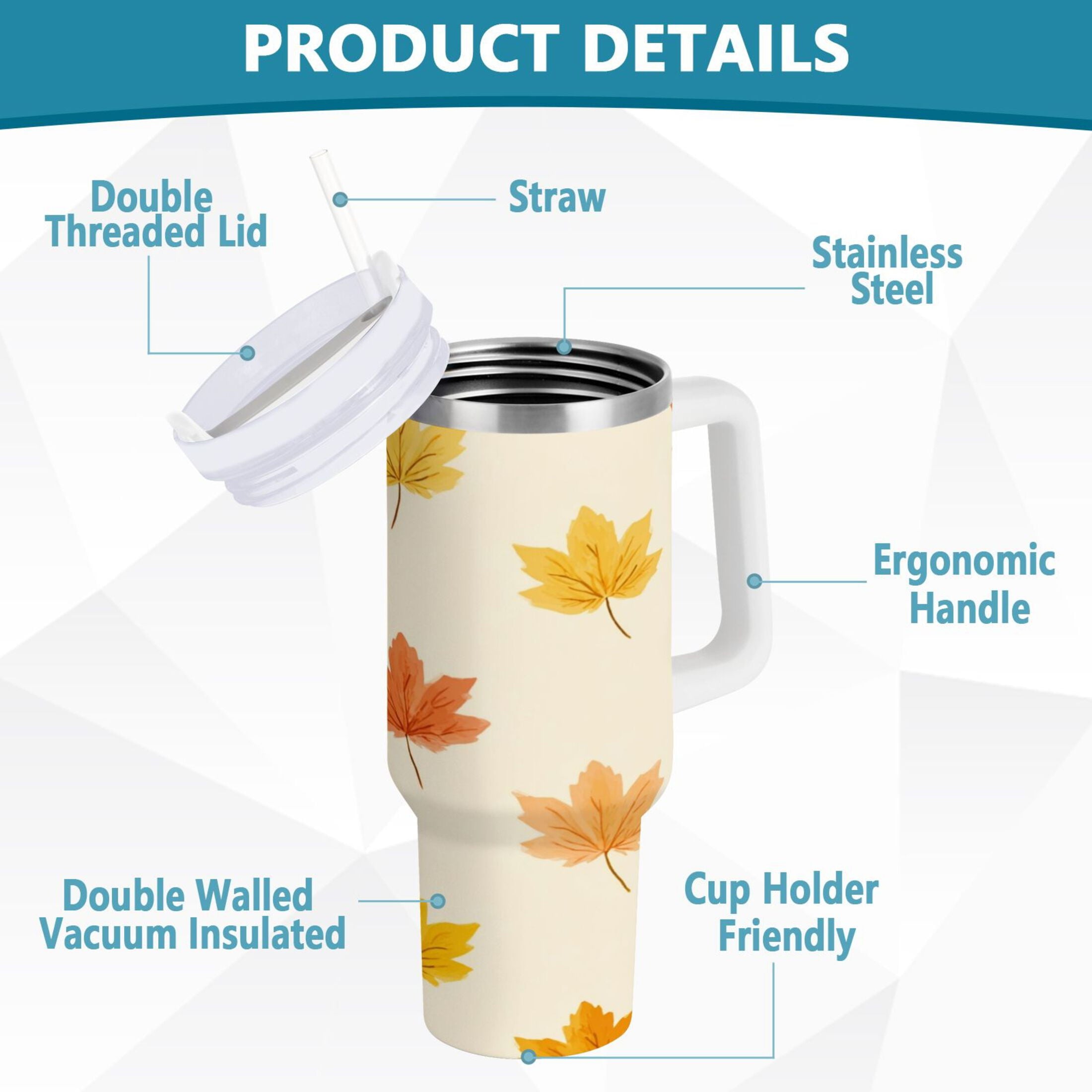 40 oz Insulated Stainless Steel Tumbler Double Wall Stainless Steel Tumbler with 2-Way Drinking Yellow Maple Leaves Pattern Edition-UKBE