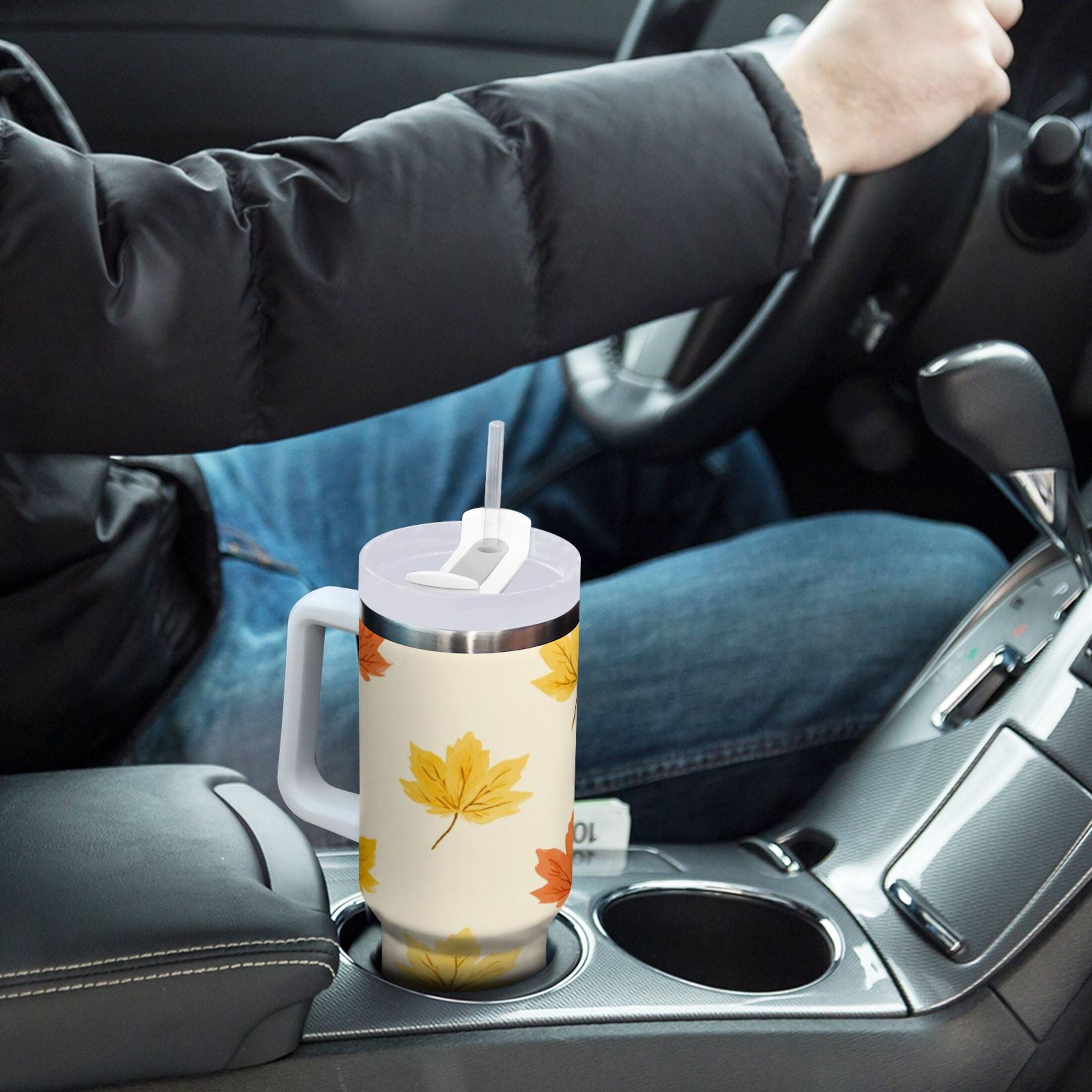 40 oz Insulated Stainless Steel Tumbler Double Wall Stainless Steel Tumbler with 2-Way Drinking Yellow Maple Leaves Pattern Edition-UKBE