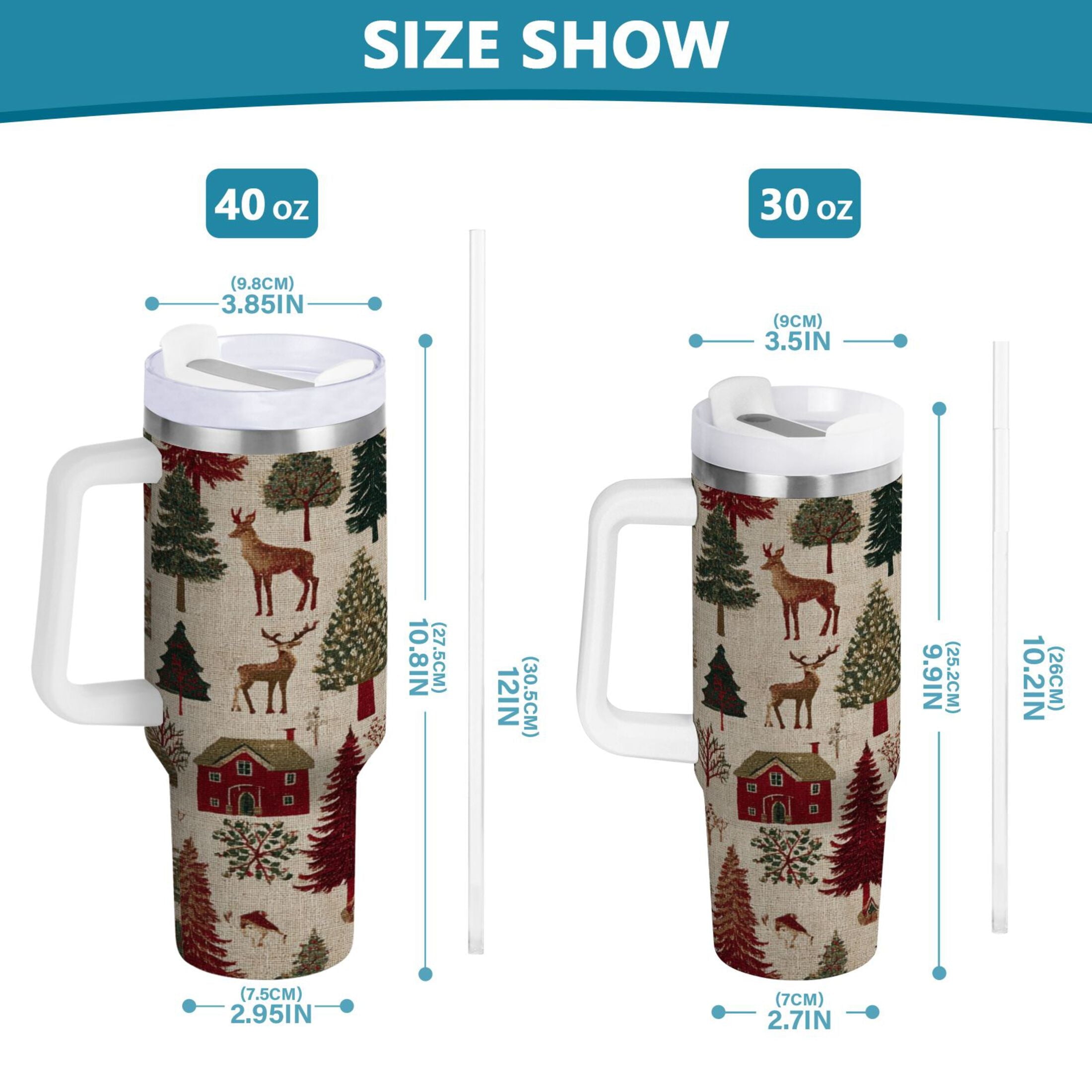 30 oz Insulated Stainless Steel Tumbler Double Wall Stainless Steel Tumbler with 2-Way Drinking Christmas Trees Deer and Houses Edition-KNJX