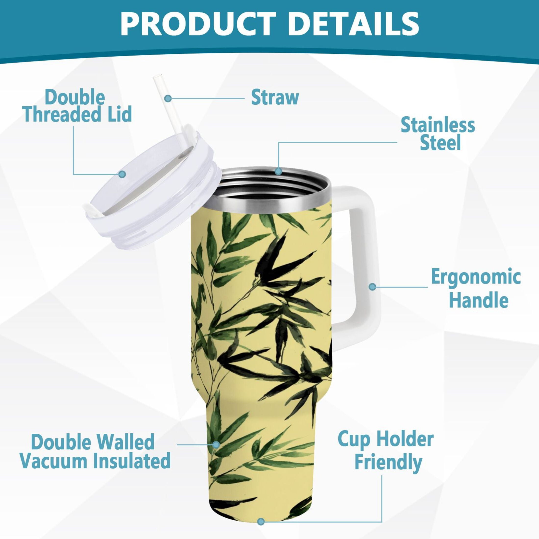 30 oz Insulated Stainless Steel Tumbler Double Wall Stainless Steel Tumbler with 2-Way Drinking Bamboo and Green Leaves Edition-OTZT