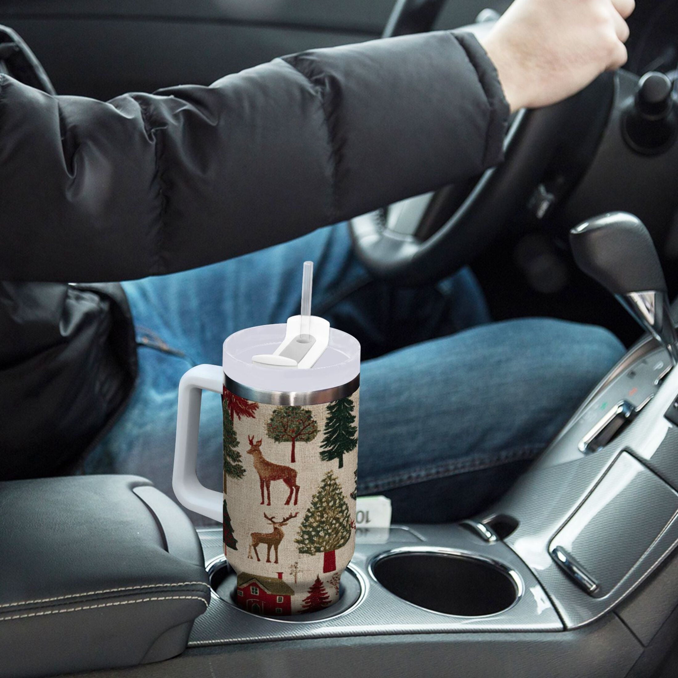 30 oz Insulated Stainless Steel Tumbler Double Wall Stainless Steel Tumbler with 2-Way Drinking Christmas Trees Deer and Houses Edition-KNJX