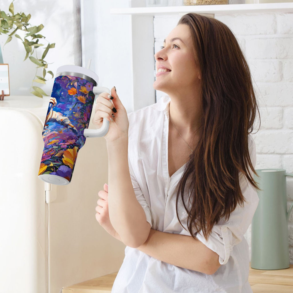40 oz Insulated Stainless Steel Tumbler Double Wall Stainless Steel Tumbler with 2-Way Drinking Astronaut and Colorful Flowers Edition-L6AF