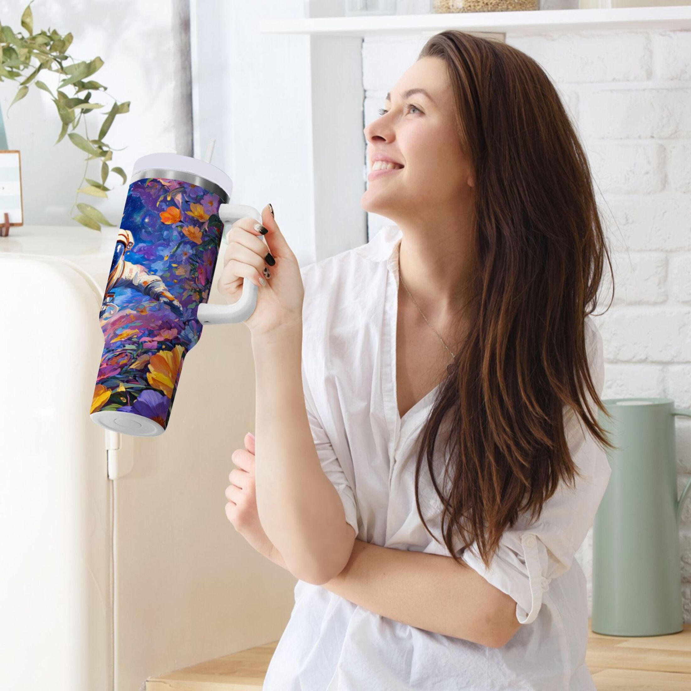 40 oz Insulated Stainless Steel Tumbler Double Wall Stainless Steel Tumbler with 2-Way Drinking Astronaut and Colorful Flowers Edition-L6AF