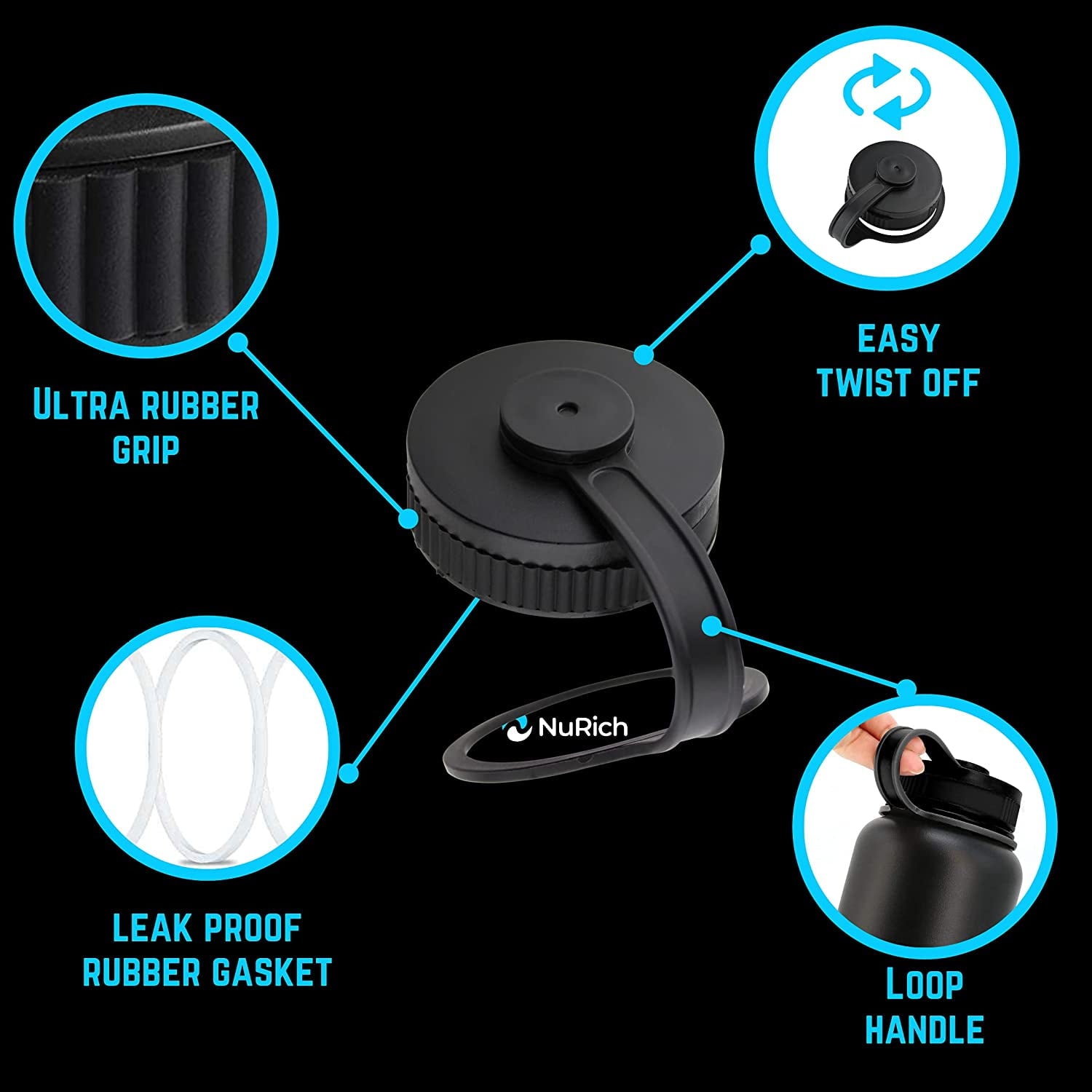 NuRich Loop Top Lid for Wide Mouth Hydro Flask, Nalgene &amp; Simple Water Bottles Edition-V43R