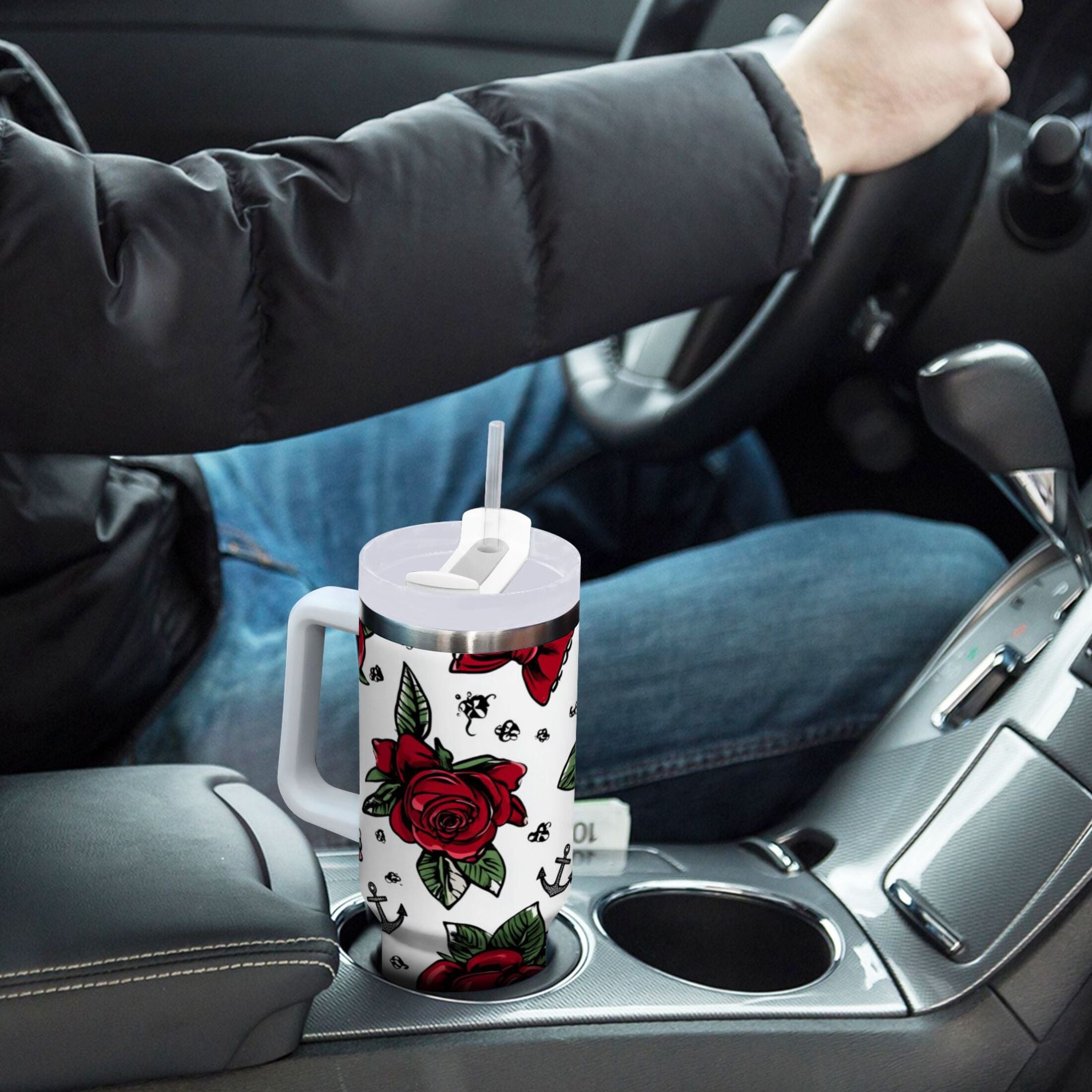 40 oz Insulated Stainless Steel Tumbler Double Wall Stainless Steel Tumbler with 2-Way Drinking Red Roses and Cherries Edition-TKCJ