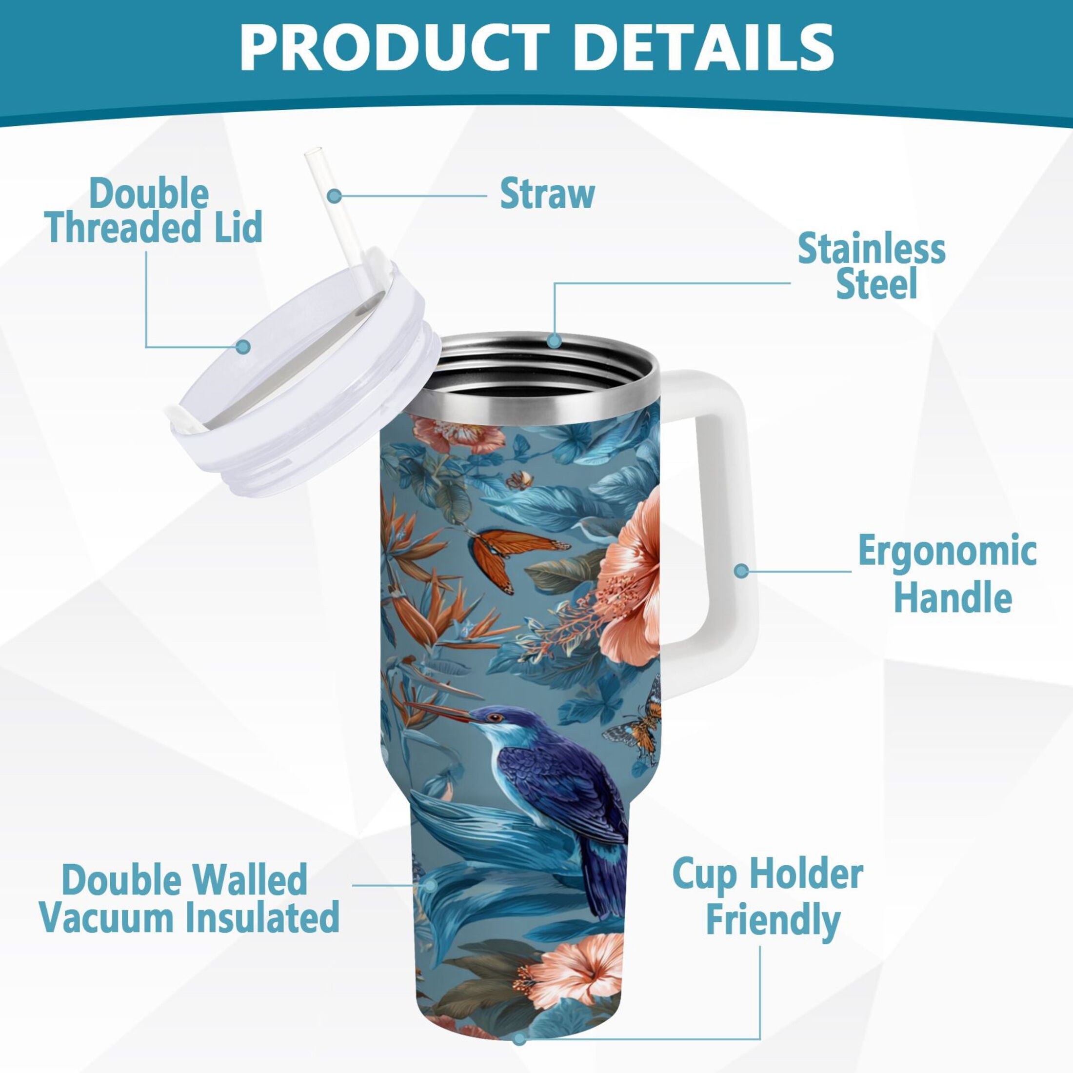30 oz Insulated Stainless Steel Tumbler Double Wall Stainless Steel Tumbler with 2-Way Drinking Birds and Flowers Edition-7NR3