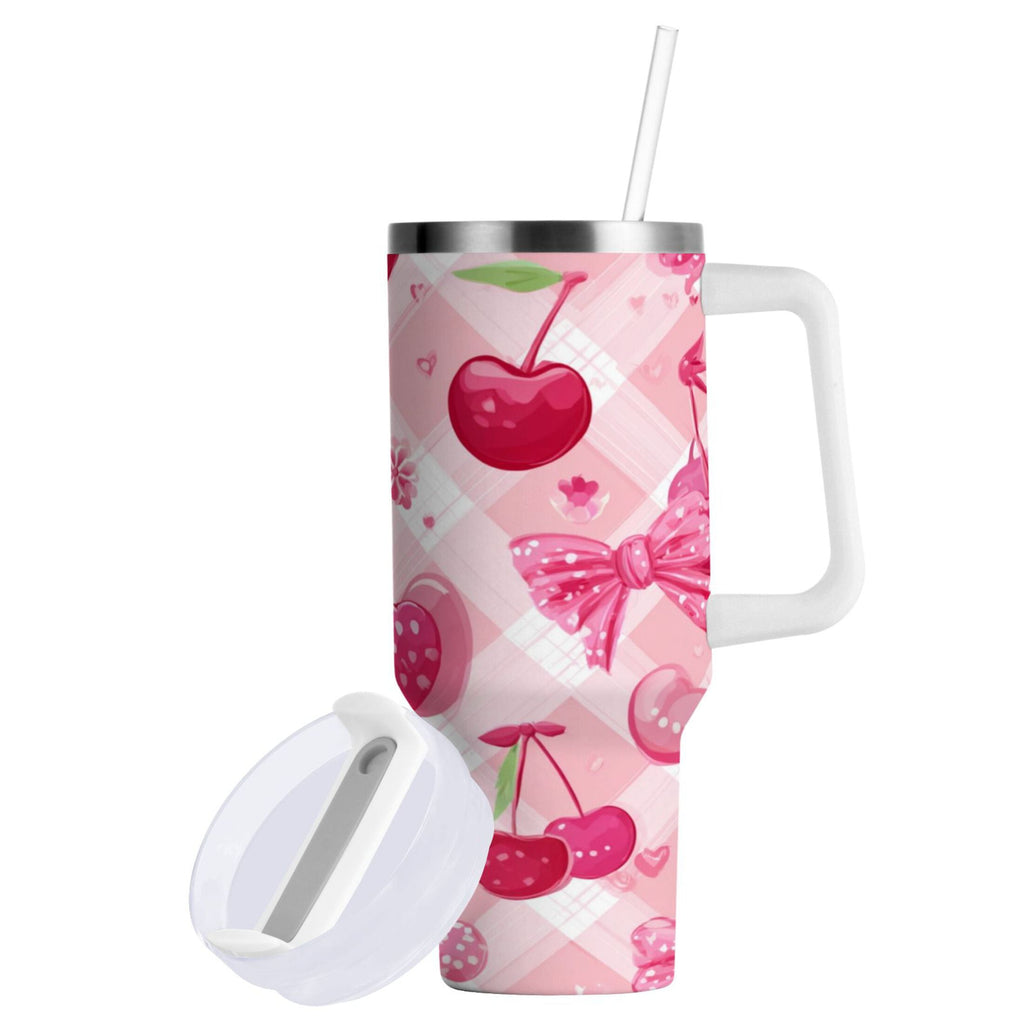 30 oz Insulated Stainless Steel Tumbler Double Wall Stainless Steel Tumbler with 2-Way Drinking Cherry and Pink Bow Pattern Edition-1632