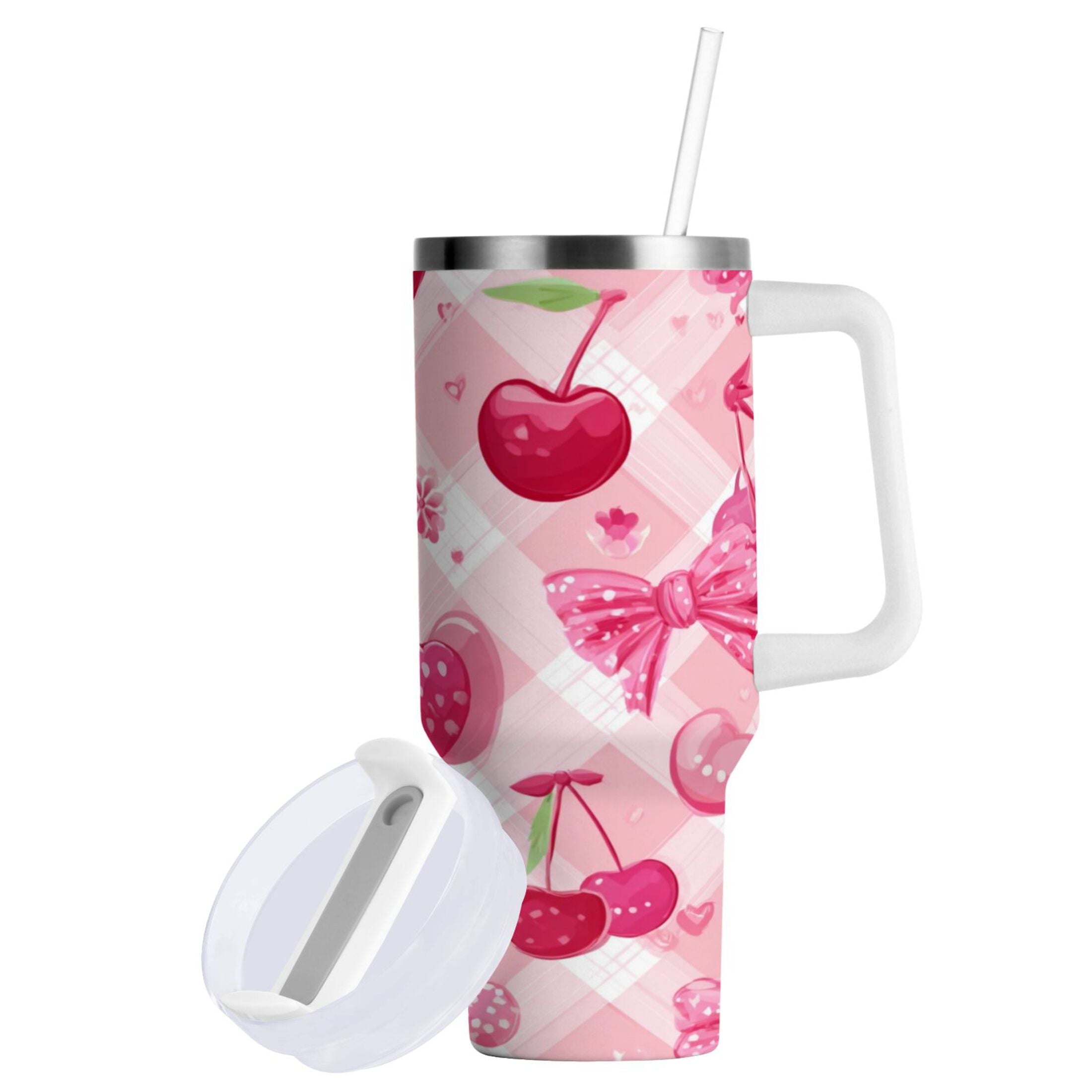 30 oz Insulated Stainless Steel Tumbler Double Wall Stainless Steel Tumbler with 2-Way Drinking Cherry and Pink Bow Pattern Edition-1632