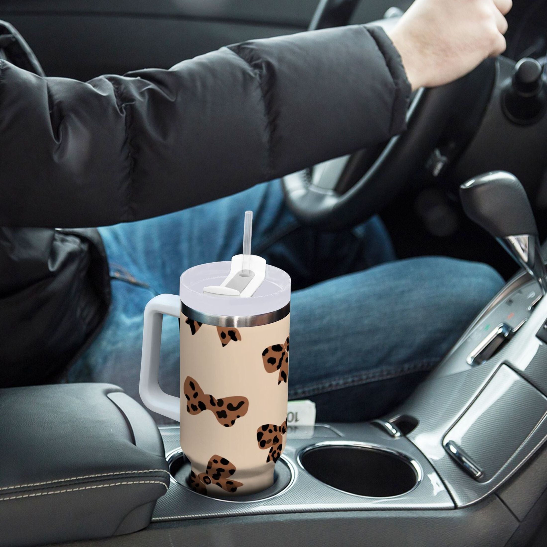 30 oz Insulated Stainless Steel Tumbler Double Wall Stainless Steel Tumbler with 2-Way Drinking Cute Brown Bow Edition-E874